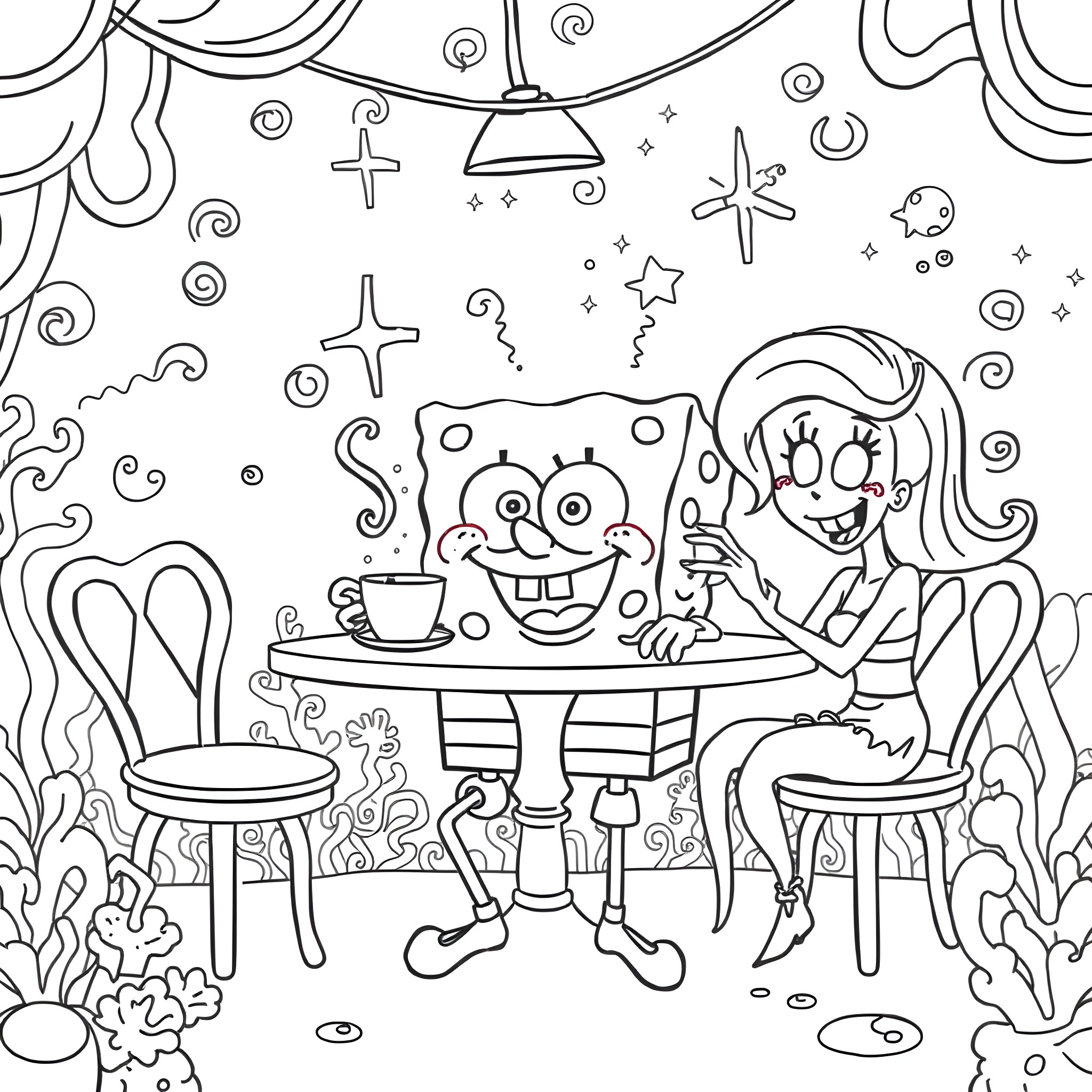 Spongebob and Friend Enjoying Imaginary Cafe Scene Coloring Page (free black-and-white line drawing printable PDF for all, from beginners to advanced learners, including children, teens, adults, and seniors)
