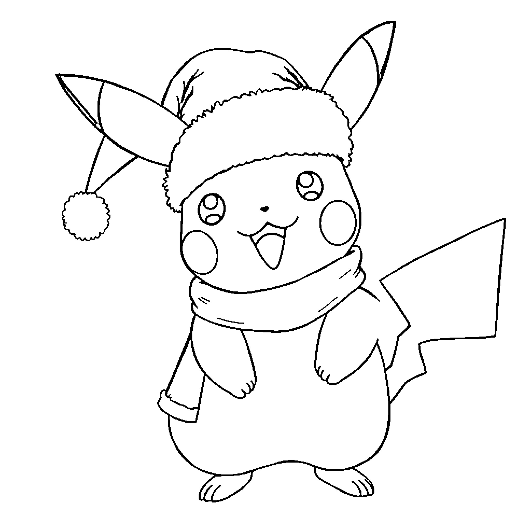 Pikachu wearing a winter hat and scarf Coloring Page (free black-and-white line drawing printable PDF for all, from beginners to advanced learners, including children, teens, adults, and seniors)