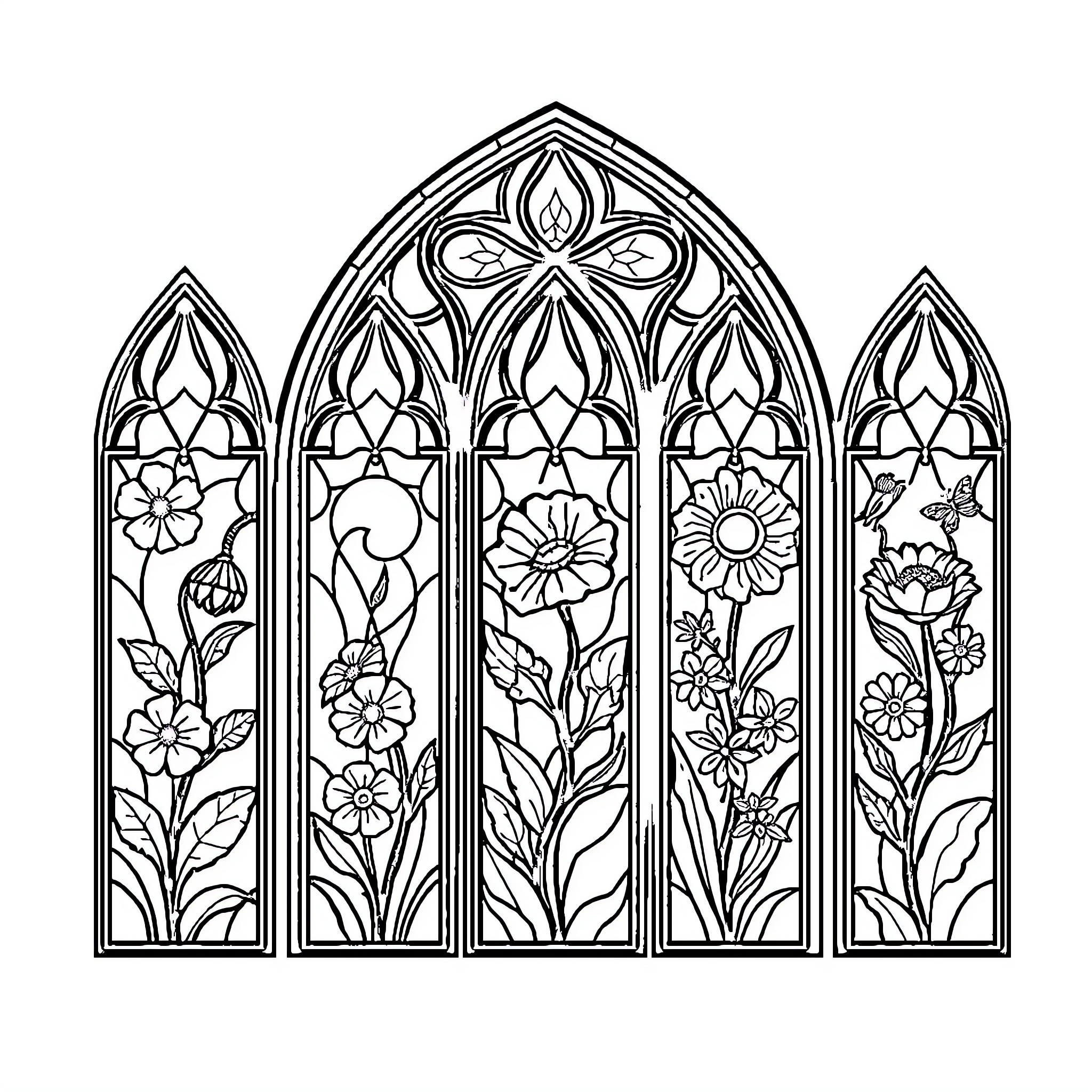 Stained Glass Window with Floral Designs Coloring Page (free black-and-white line drawing printable PDF for all, from beginners to advanced learners, including children, teens, adults, and seniors)