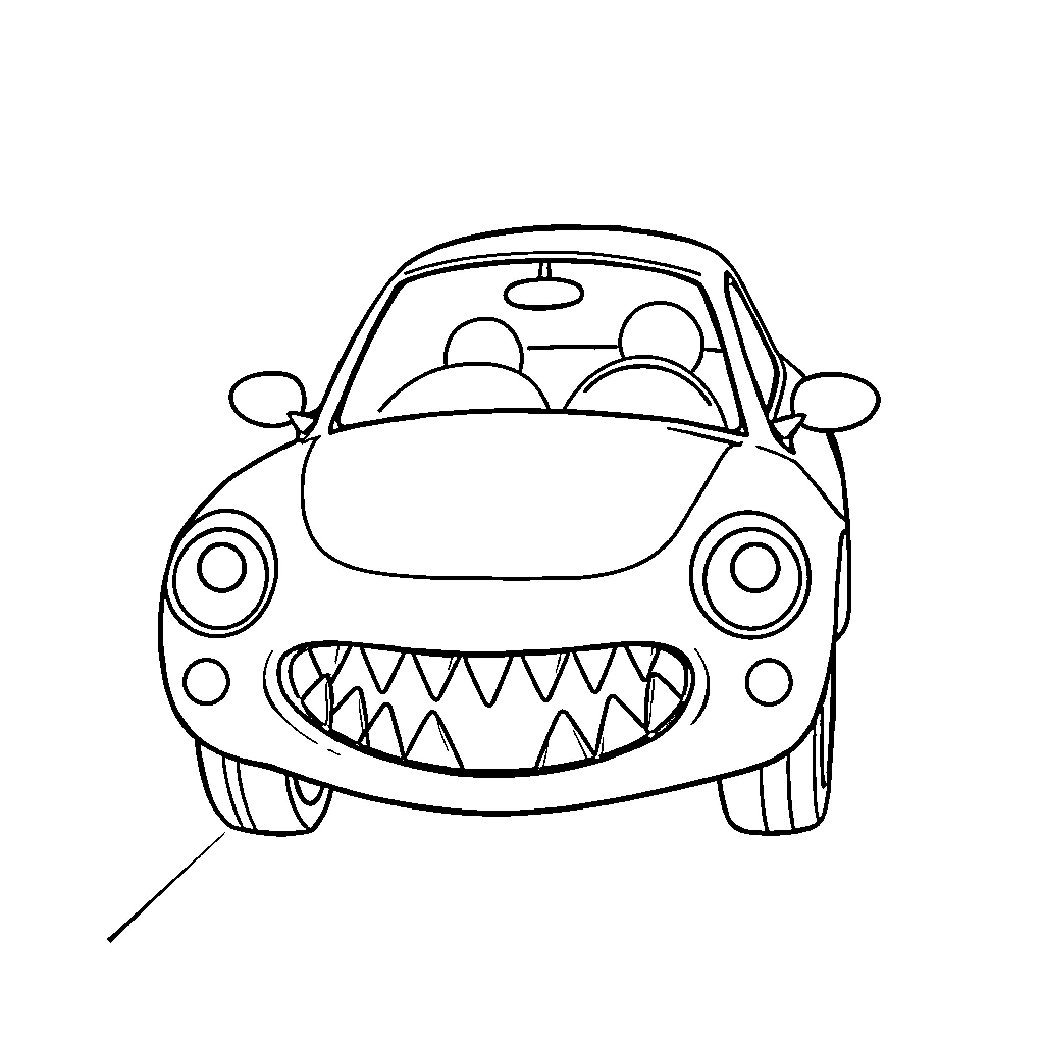 Flying Car with Playful Monster Face Coloring Page (free black-and-white line drawing printable PDF for all, from beginners to advanced learners, including children, teens, adults, and seniors)