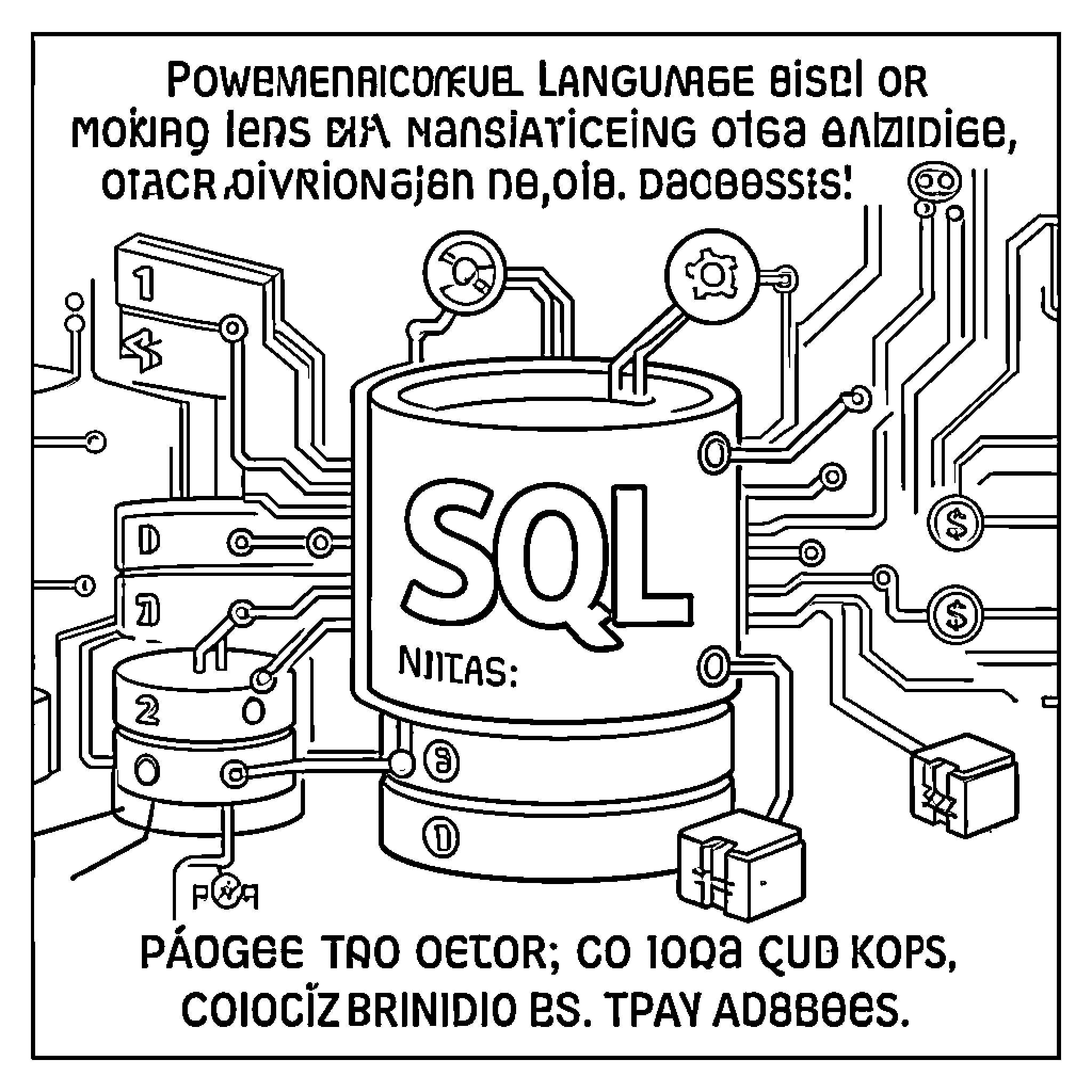 SQL Queries Executed on Cryptic Database System Coloring Page (free black-and-white line drawing printable PDF for all, from beginners to advanced learners, including children, teens, adults, and seniors)
