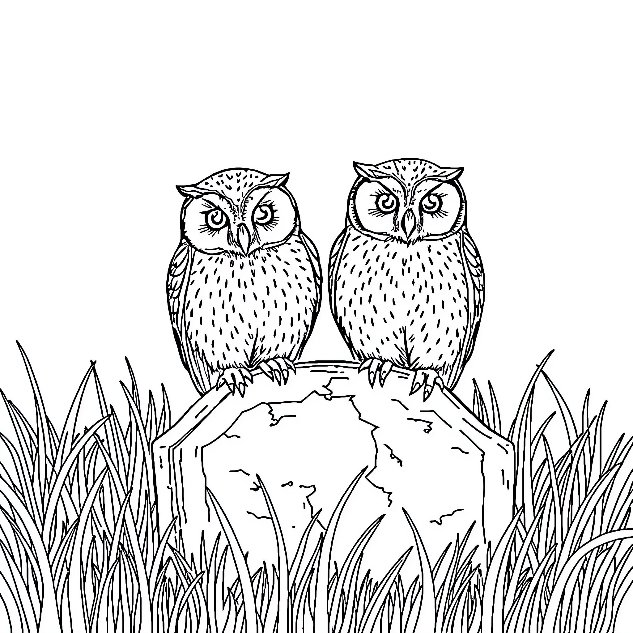 Owl duo perched on a rocky outcrop Coloring Page (free black-and-white line drawing printable PDF for all, from beginners to advanced learners, including children, teens, adults, and seniors)
