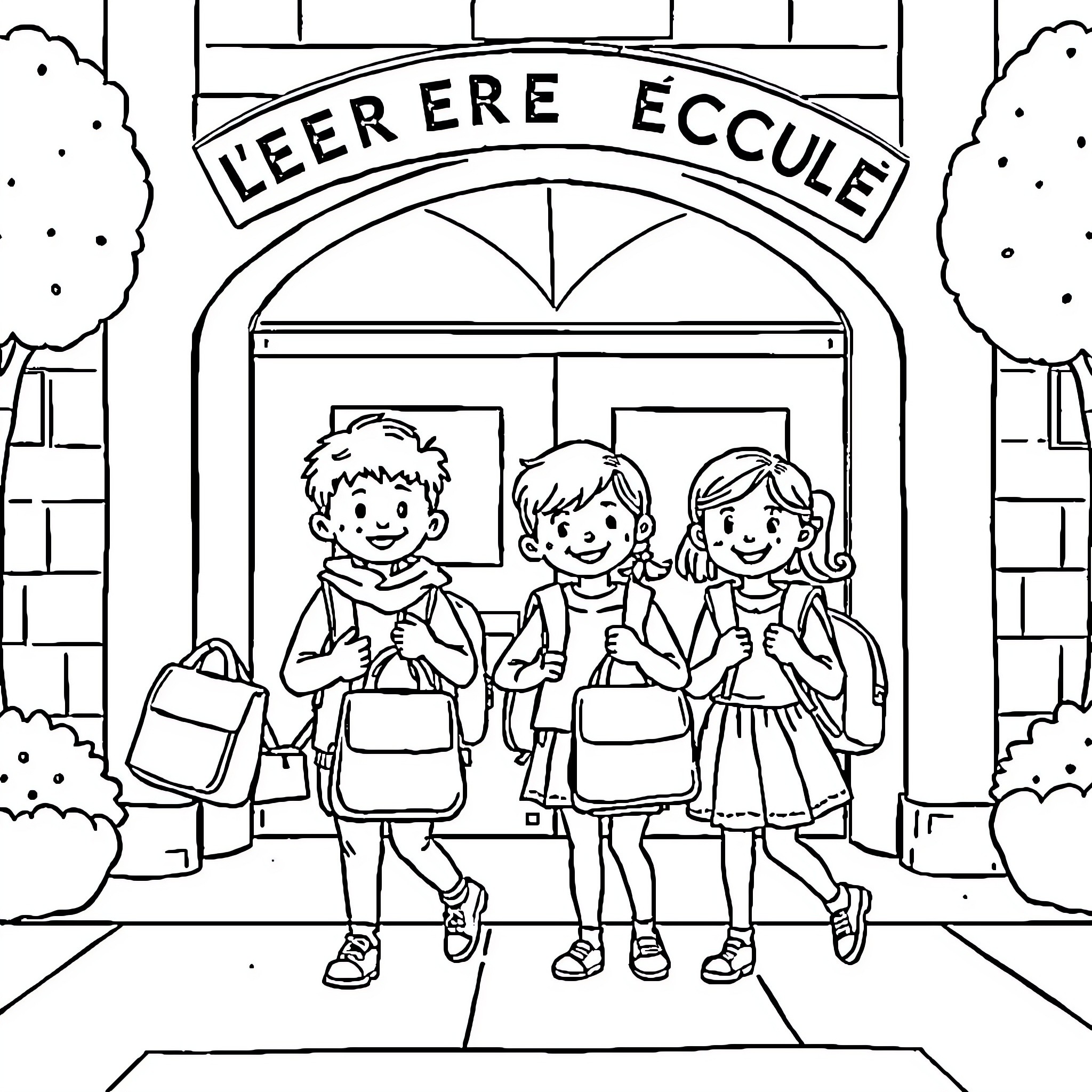 Back to School Students at School Entrance Coloring Page (free black-and-white line drawing printable PDF for all, from beginners to advanced learners, including children, teens, adults, and seniors)