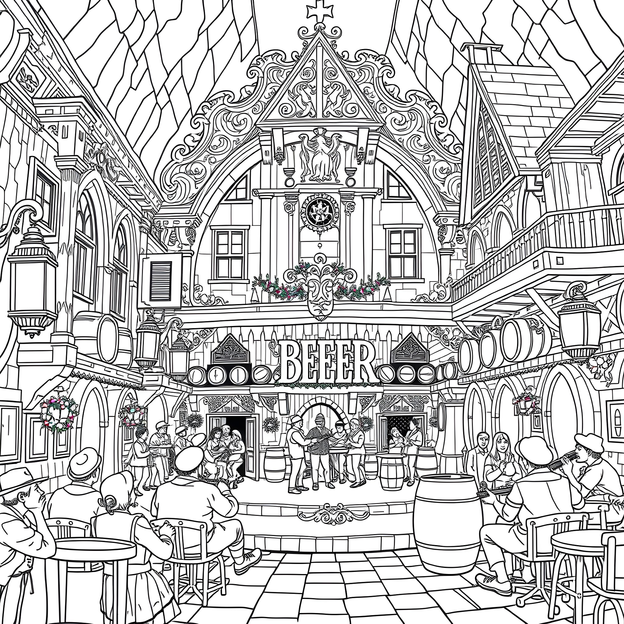 Hardrock Beer: Lively Celebration in a Historic Tavern Coloring Page (free black-and-white line drawing printable PDF for all, from beginners to advanced learners, including children, teens, adults, and seniors)