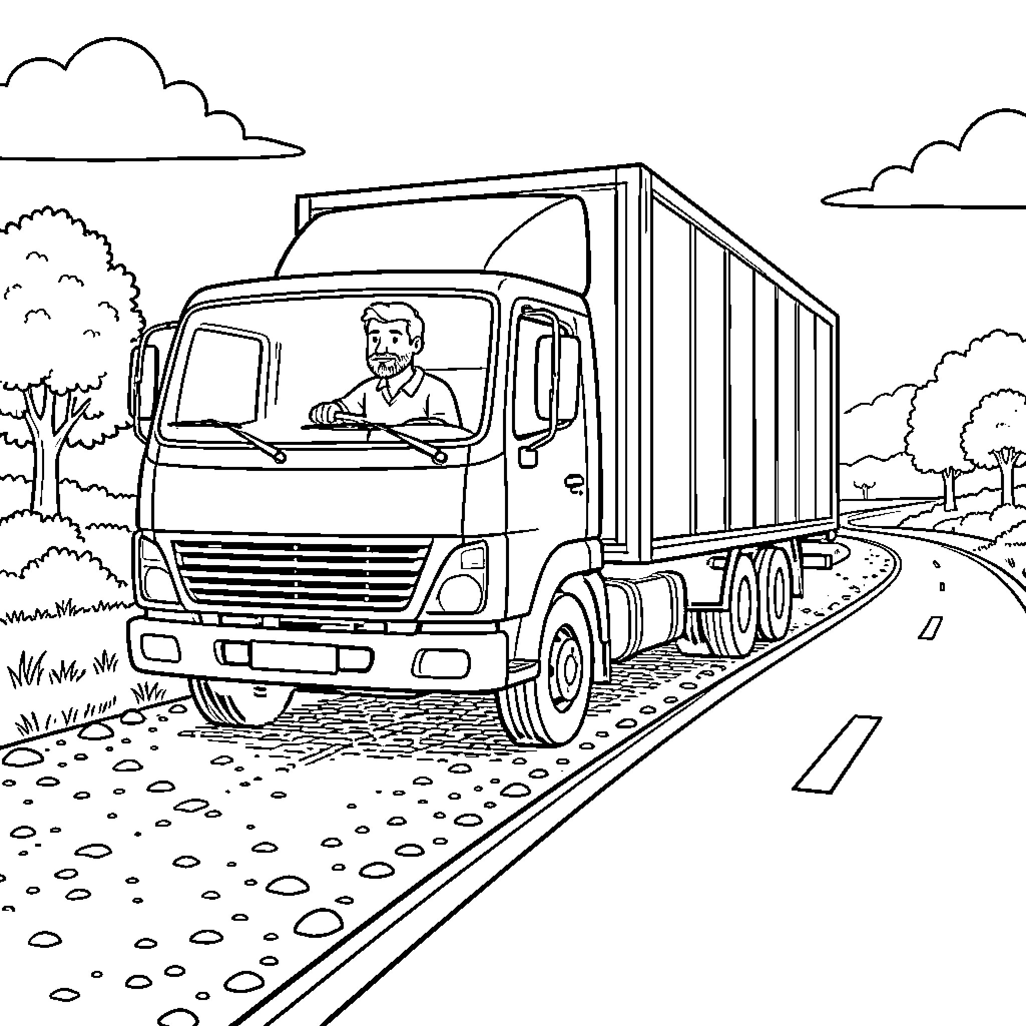 Homme driving a large truck on a road Coloring Page (free black-and-white line drawing printable PDF for all, from beginners to advanced learners, including children, teens, adults, and seniors)