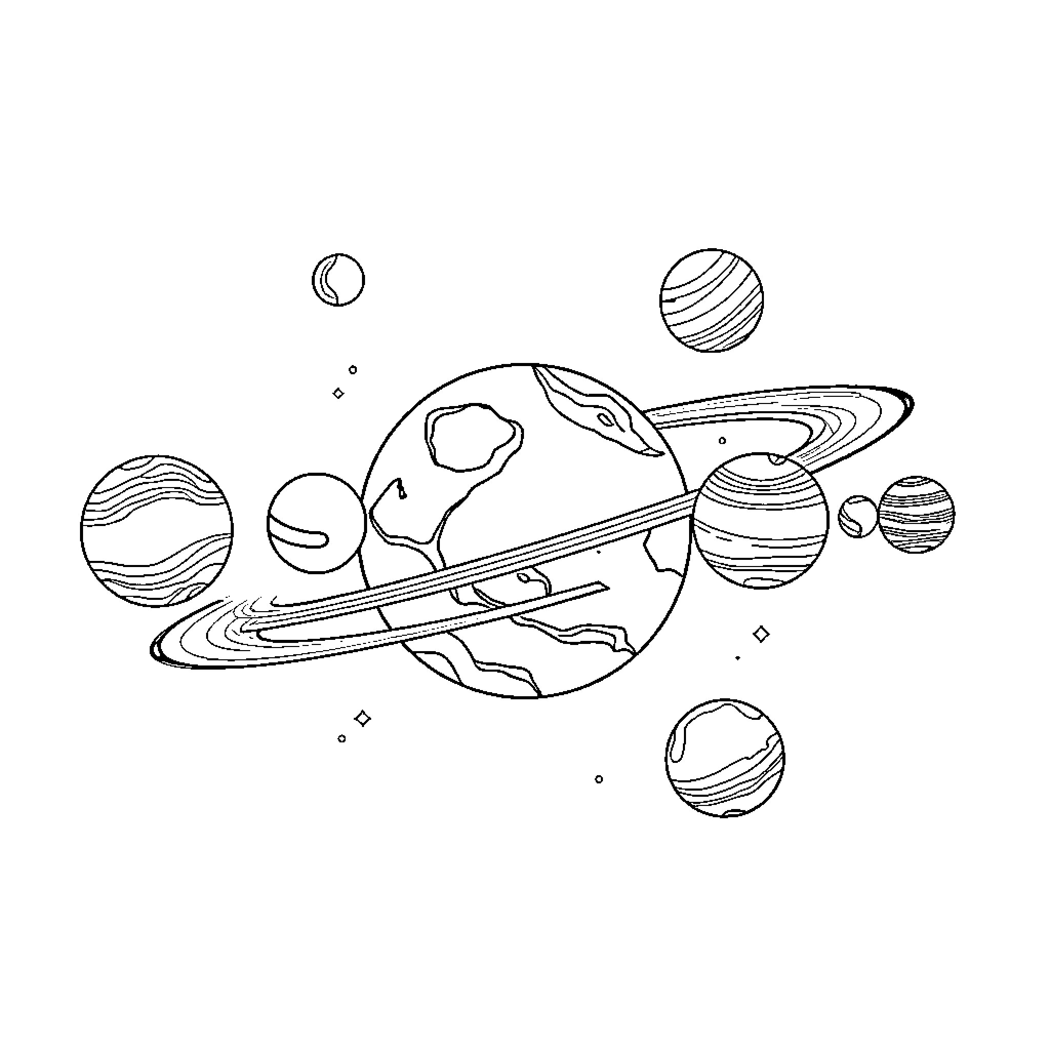 Planet with orbiting celestial bodies Coloring Page (free black-and-white line drawing printable PDF for all, from beginners to advanced learners, including children, teens, adults, and seniors)