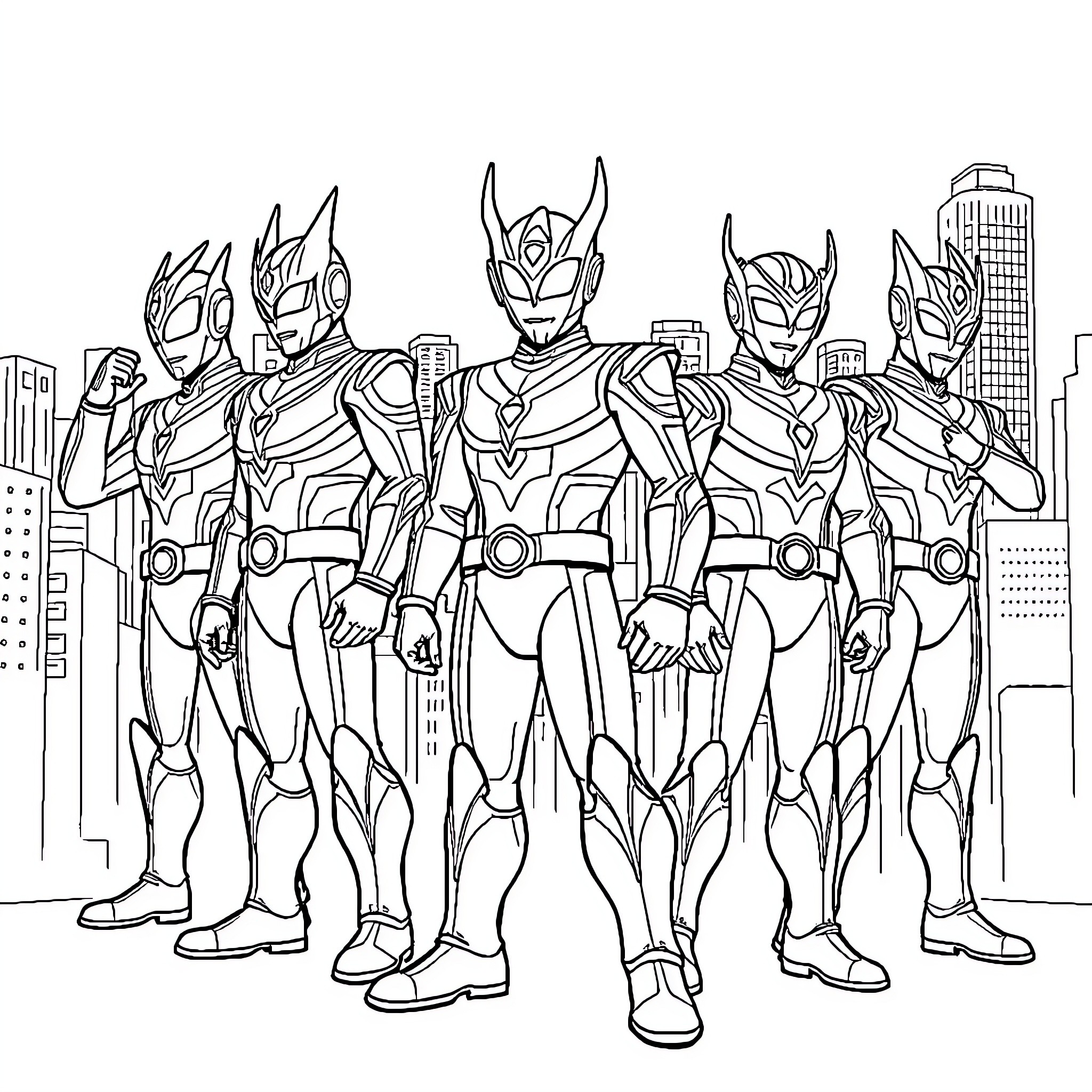 Ultramen posing heroically in the city Coloring Page (free black-and-white line drawing printable PDF for all, from beginners to advanced learners, including children, teens, adults, and seniors)