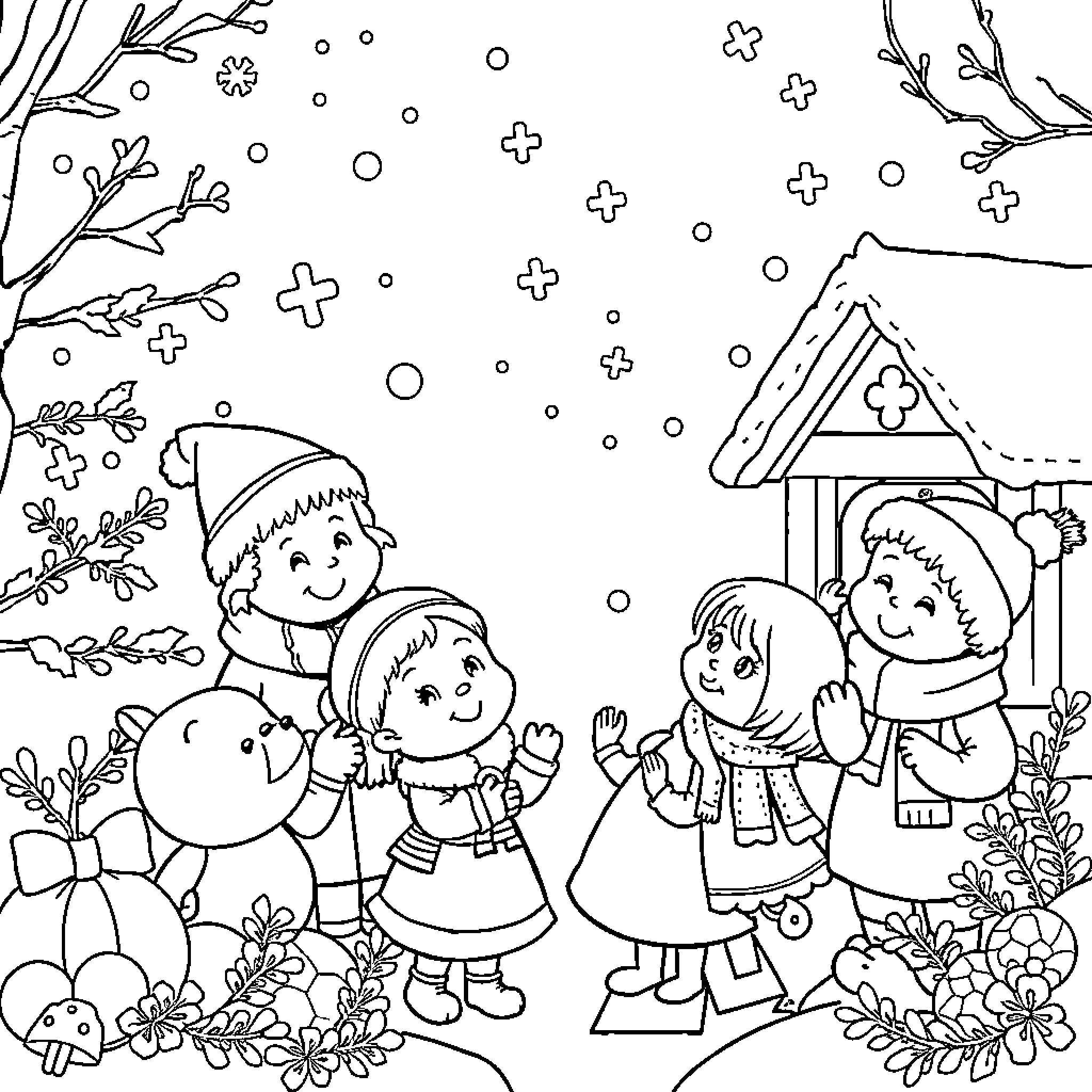 Christmas fun with children in the snowy landscape Coloring Page (free black-and-white line drawing printable PDF for all, from beginners to advanced learners, including children, teens, adults, and seniors)