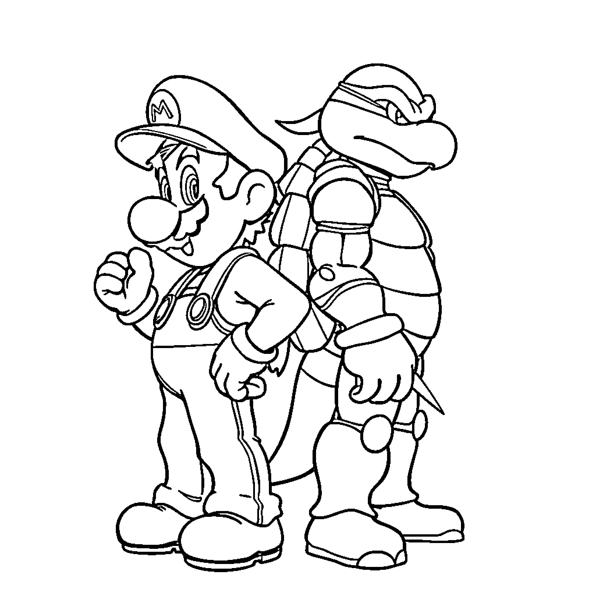 Mario in action-packed adventure Coloring Page (free black-and-white line drawing printable PDF for all, from beginners to advanced learners, including children, teens, adults, and seniors)