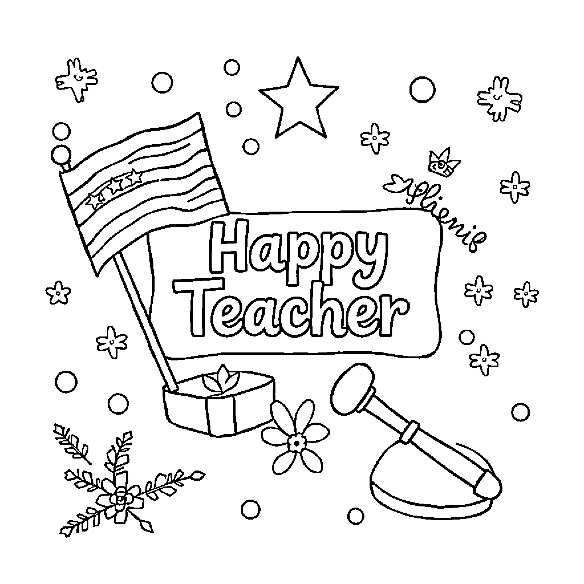 Teacher's Cheerful Celebration with Decorations and Gifts Coloring Page (free black-and-white line drawing printable PDF for all, from beginners to advanced learners, including children, teens, adults, and seniors)