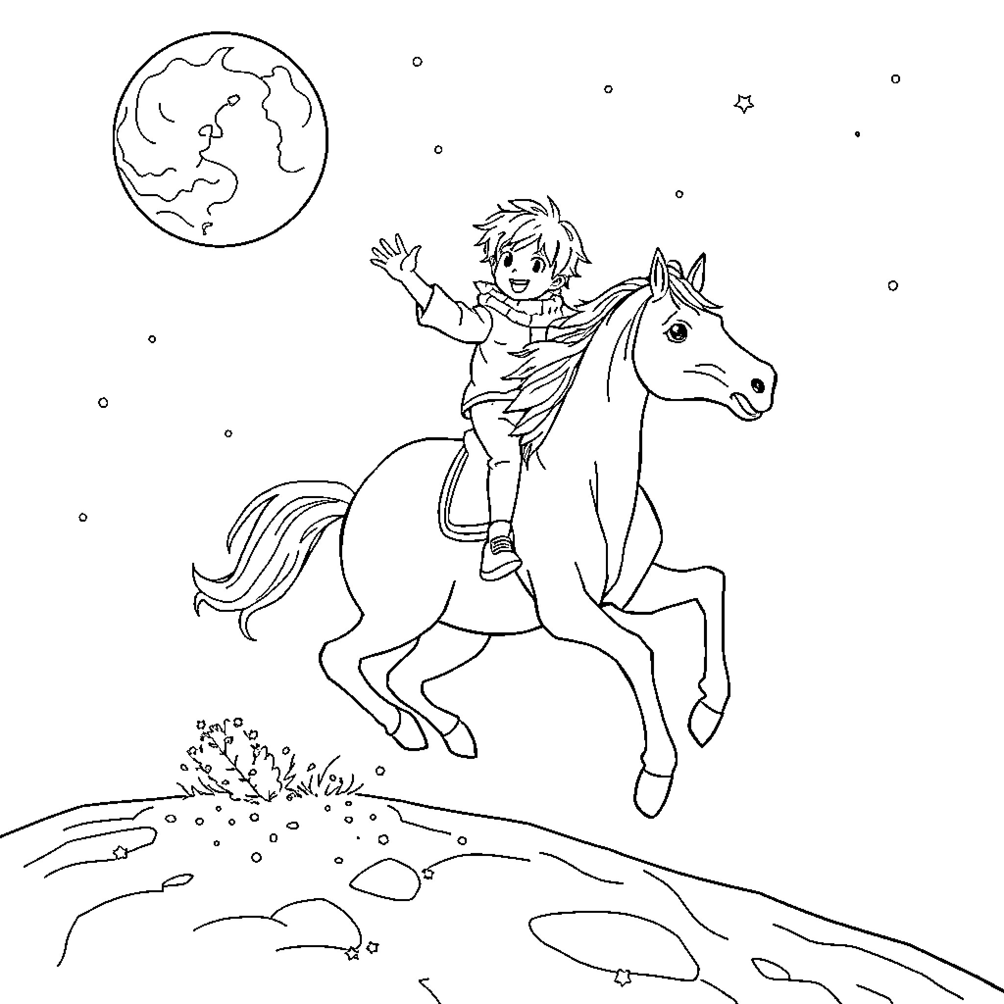 Boy riding a horse under the night sky Coloring Page (free black-and-white line drawing printable PDF for all, from beginners to advanced learners, including children, teens, adults, and seniors)