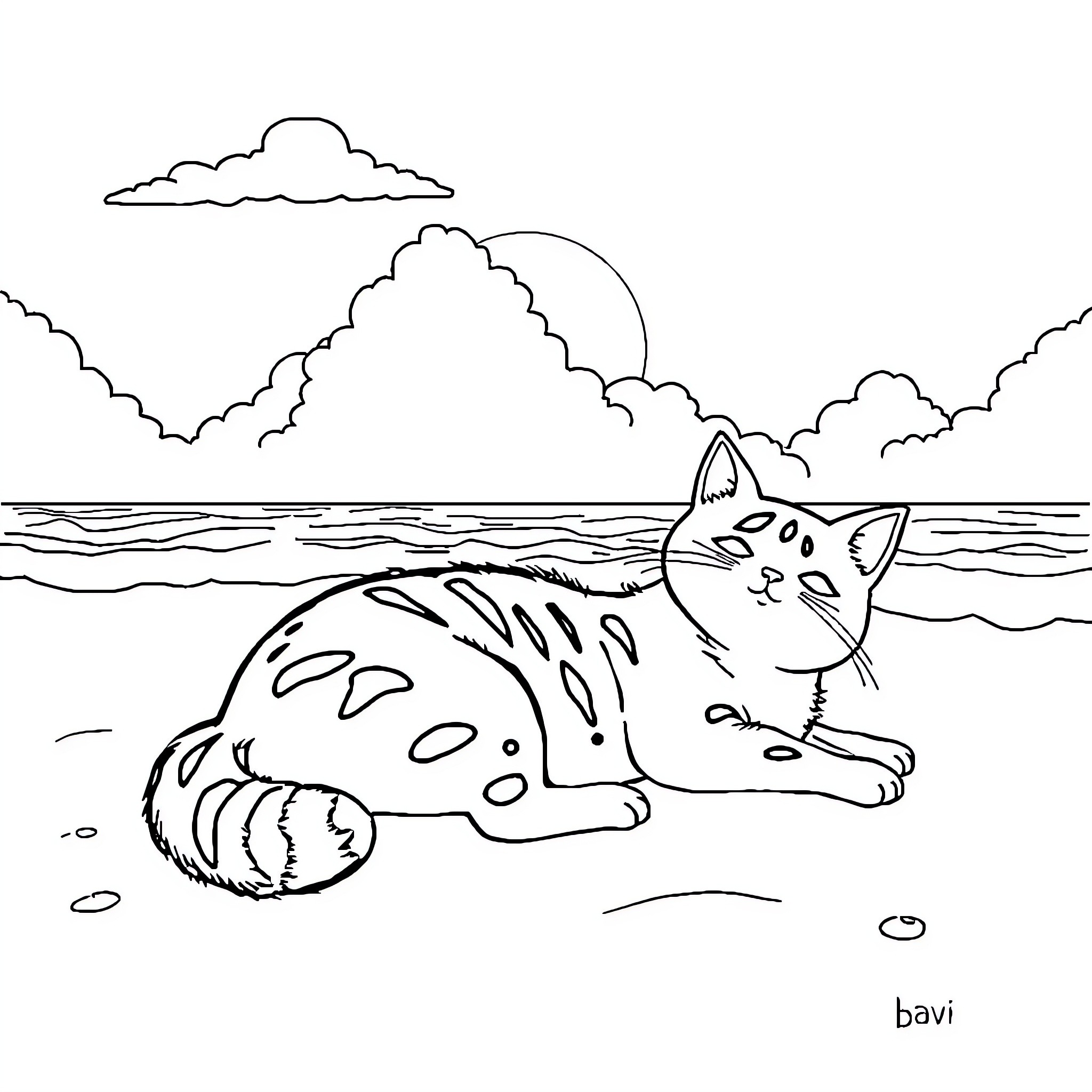 Nekomata resting peacefully on the shore Coloring Page (free black-and-white line drawing printable PDF for all, from beginners to advanced learners, including children, teens, adults, and seniors)