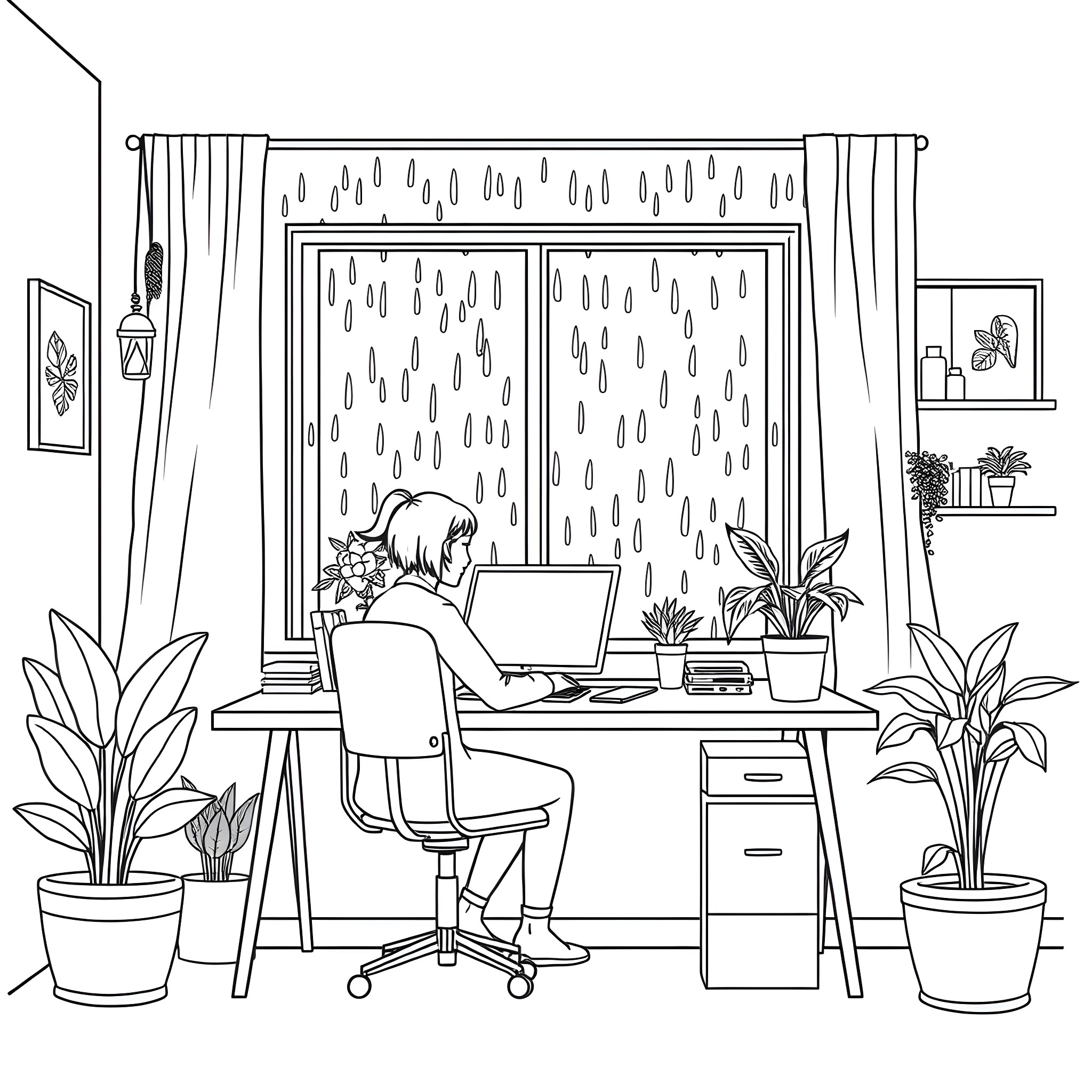 Rain and Rainy Day Study at Home Coloring Page (free black-and-white line drawing printable PDF for all, from beginners to advanced learners, including children, teens, adults, and seniors)