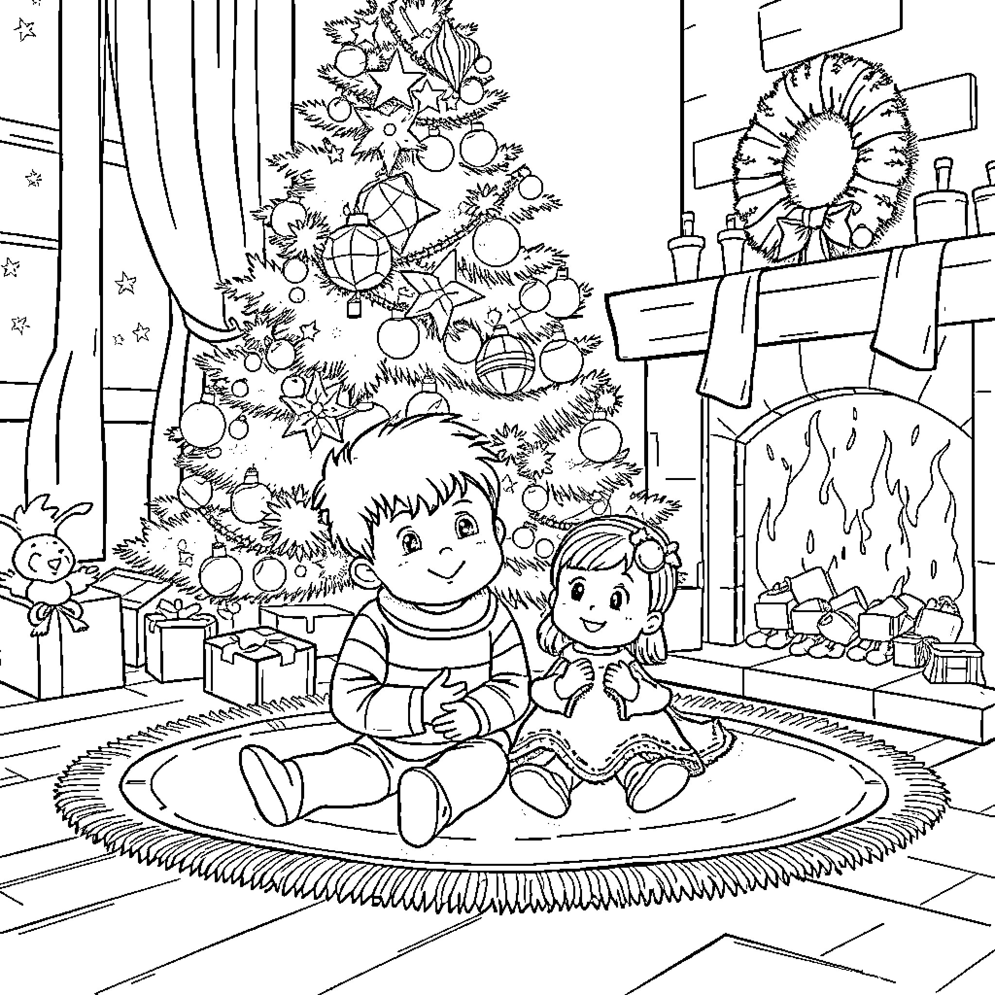 Boy and girl enjoy Christmas decorations and fireplace Coloring Page (free black-and-white line drawing printable PDF for all, from beginners to advanced learners, including children, teens, adults, and seniors)