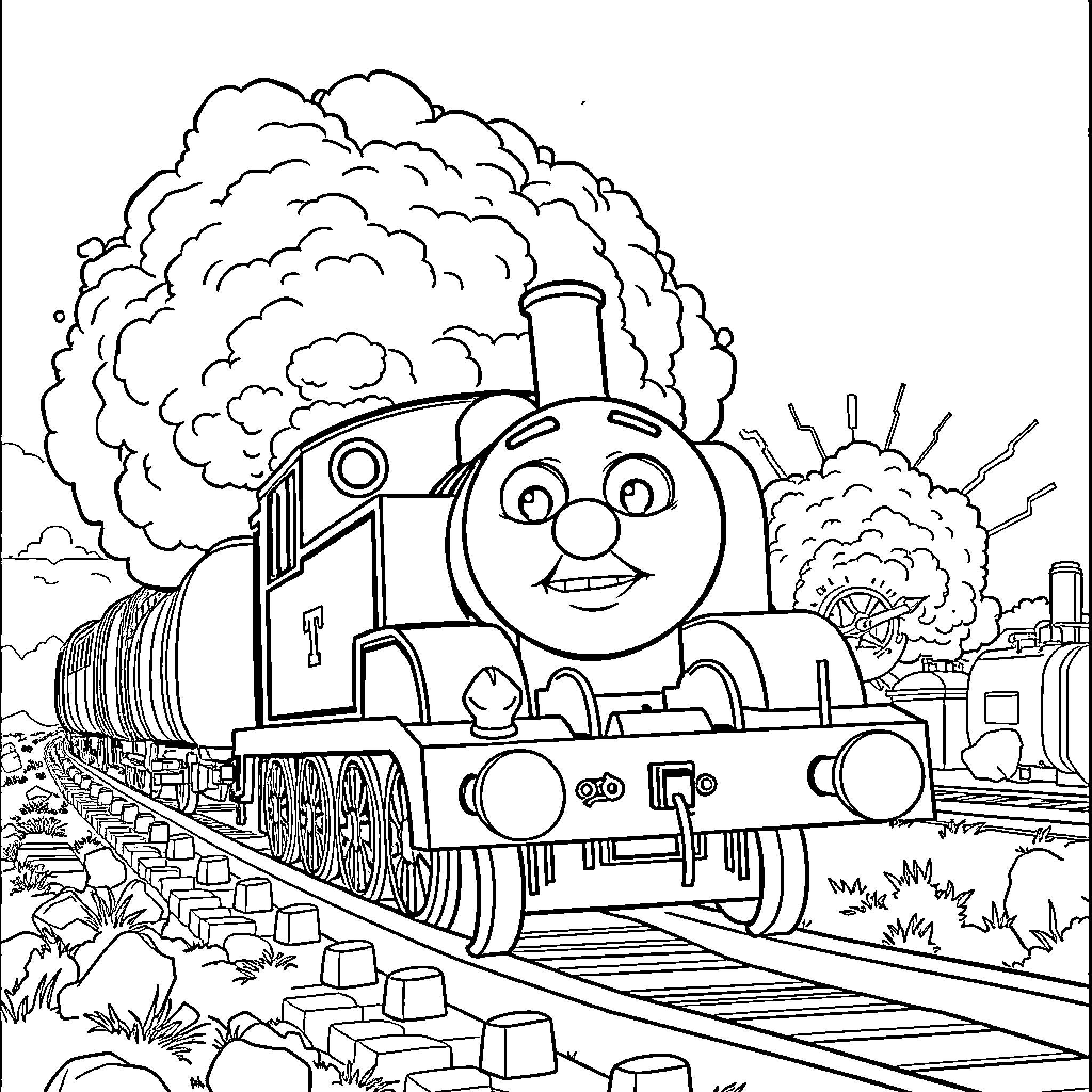 Thomas the Train chugging happily through the countryside Coloring Page (free black-and-white line drawing printable PDF for all, from beginners to advanced learners, including children, teens, adults, and seniors)
