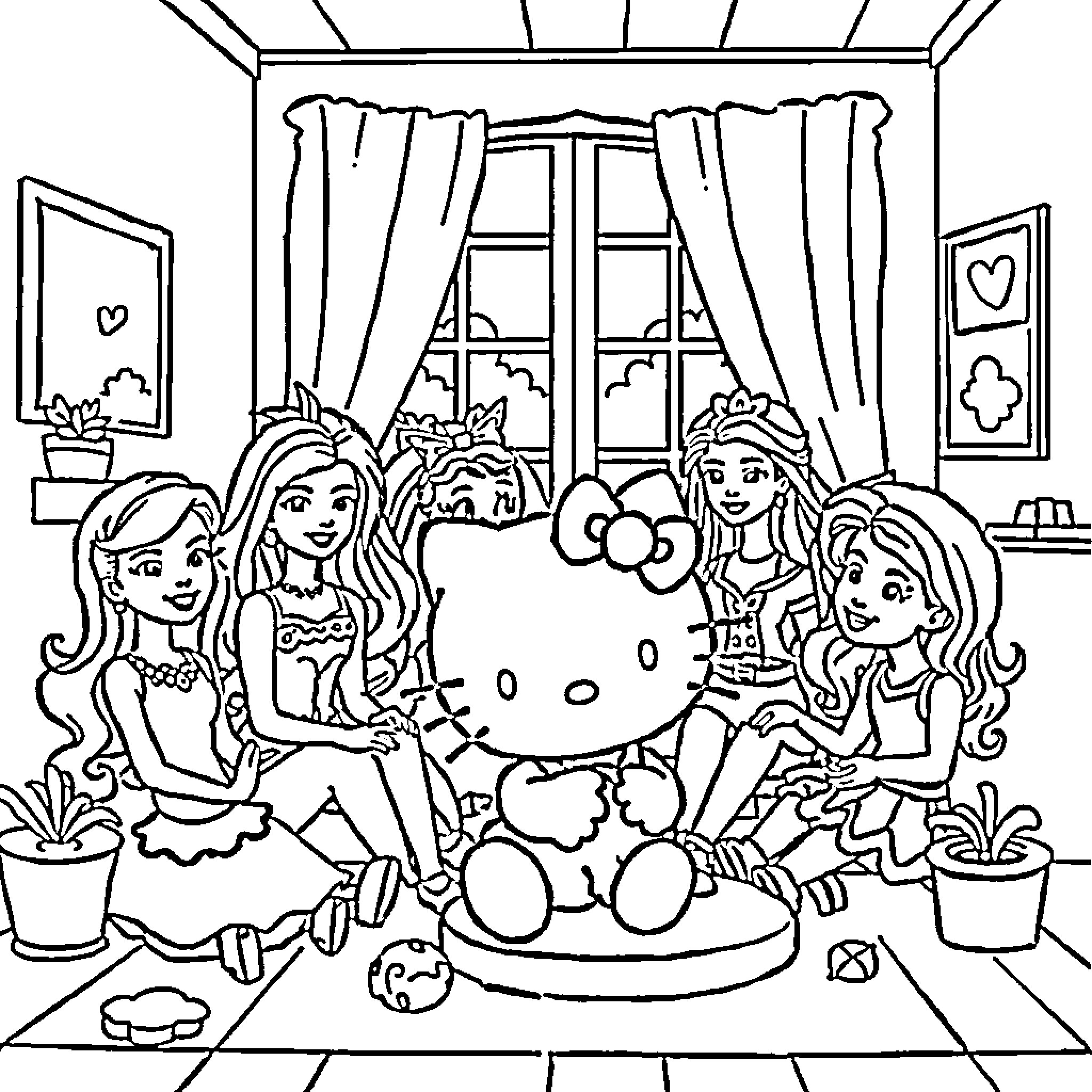 Hello Kitty Enjoying a Playful Gathering with Friends Coloring Page (free black-and-white line drawing printable PDF for all, from beginners to advanced learners, including children, teens, adults, and seniors)