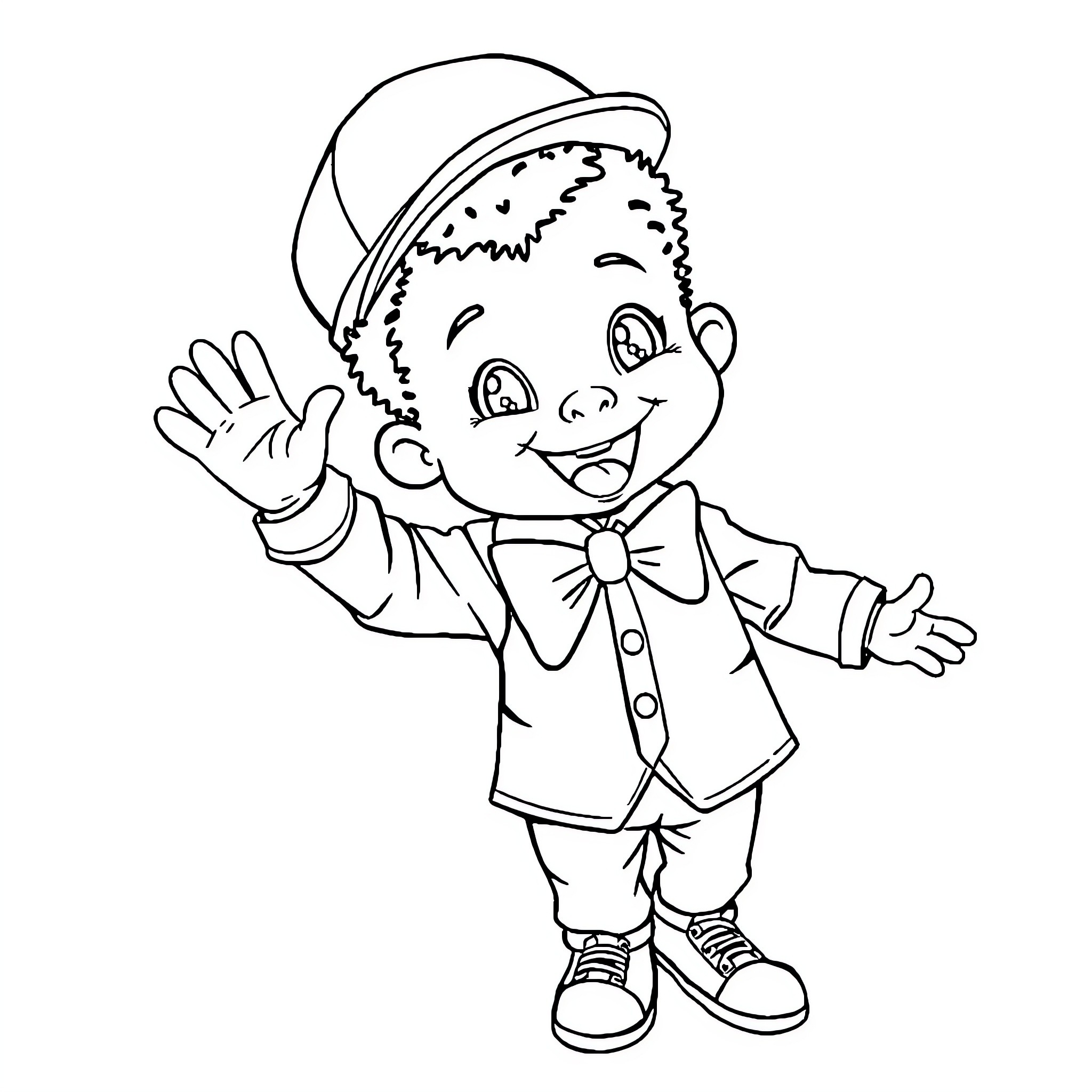 Boy waving cheerfully in formal attire Coloring Page (free black-and-white line drawing printable PDF for all, from beginners to advanced learners, including children, teens, adults, and seniors)