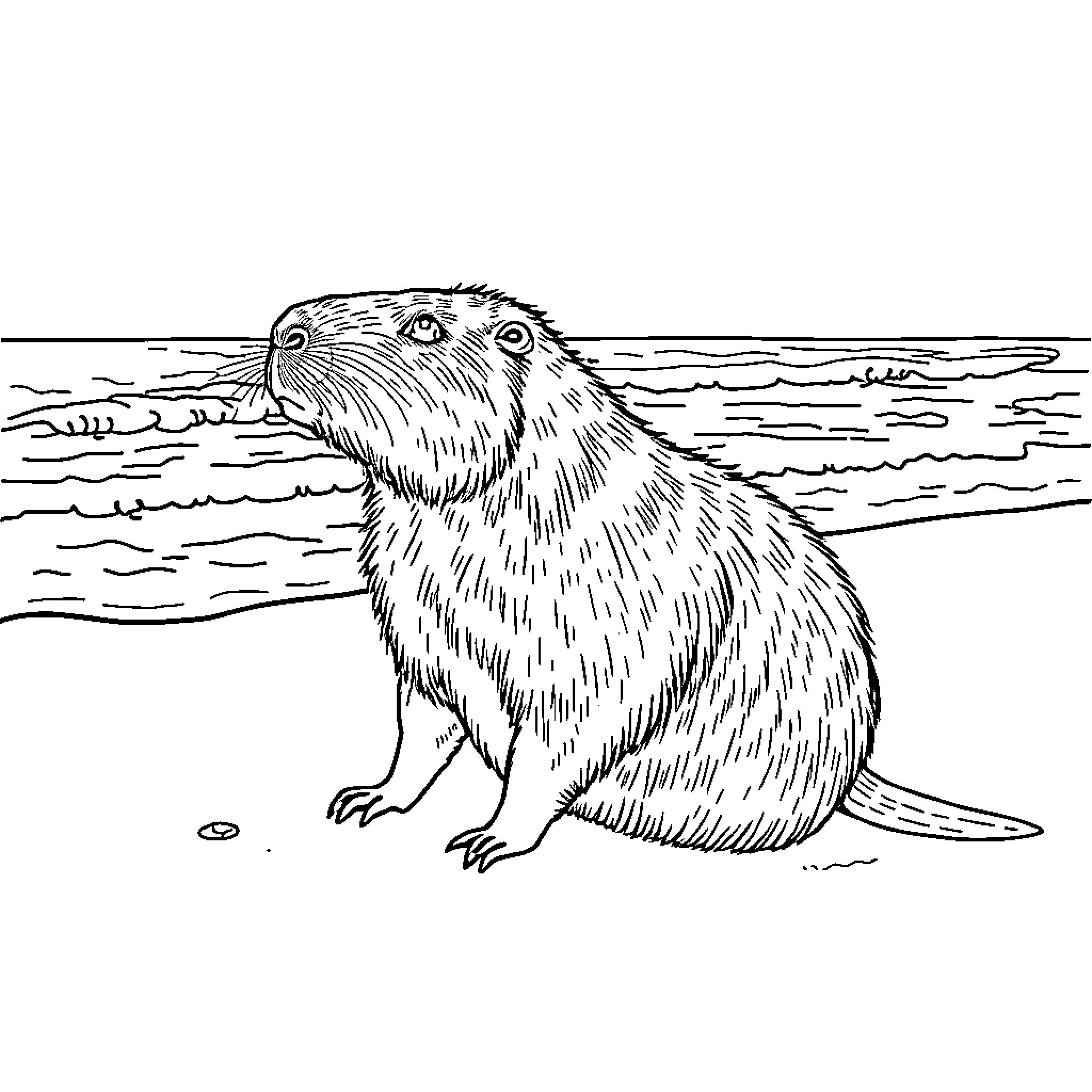 Capybara relaxing by the water Coloring Page (free black-and-white line drawing printable PDF for all, from beginners to advanced learners, including children, teens, adults, and seniors)