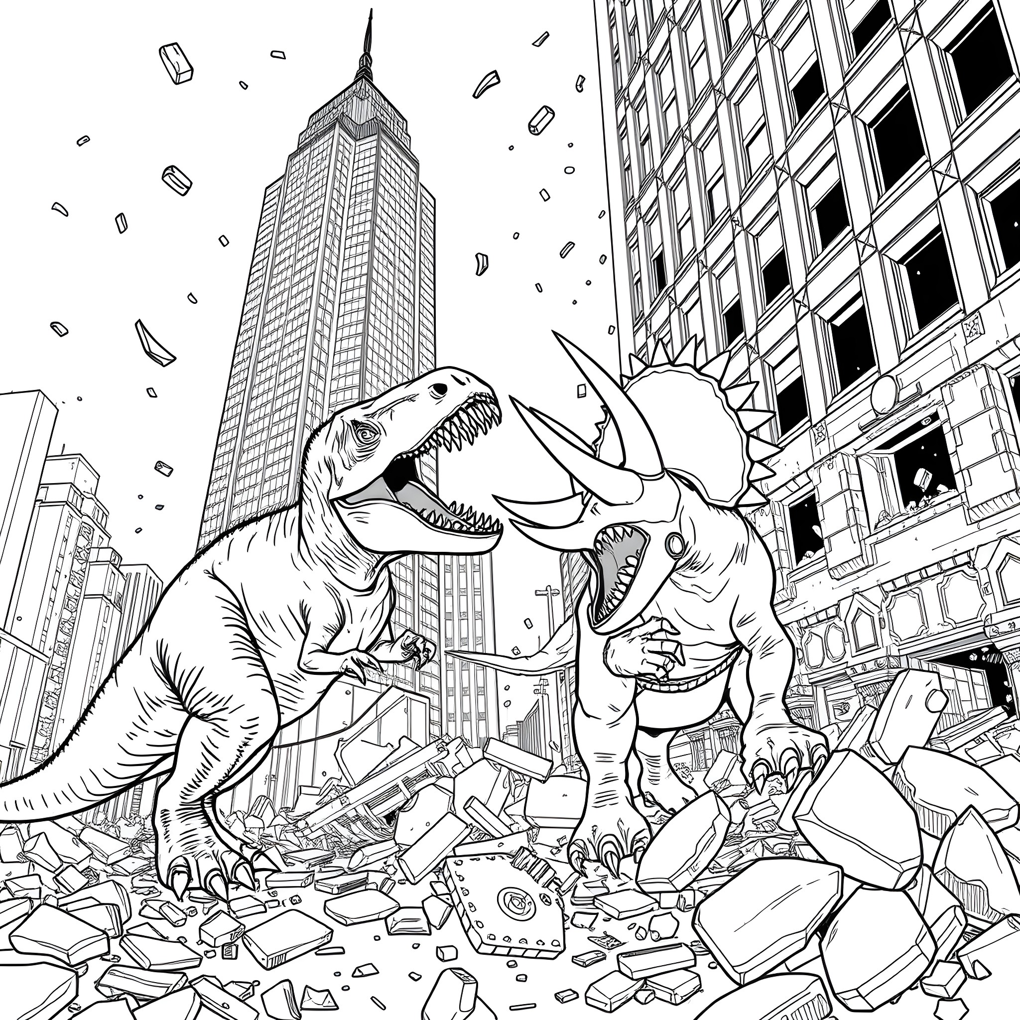 T-Rex Wreaking Havoc in the City Coloring Page (free black-and-white line drawing printable PDF for all, from beginners to advanced learners, including children, teens, adults, and seniors)