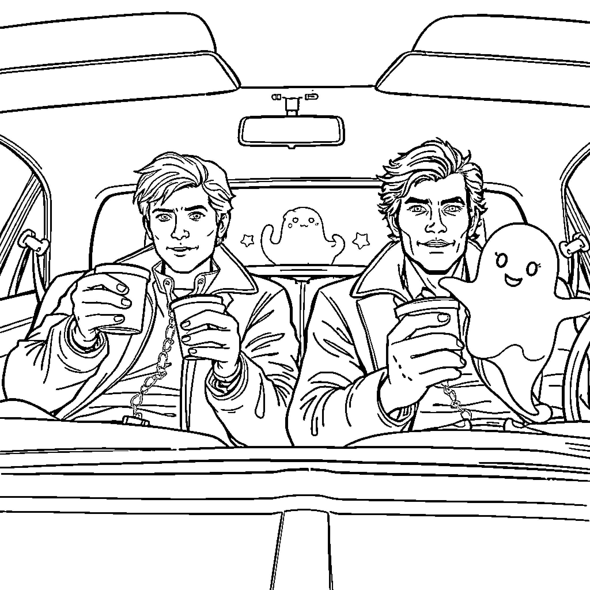 Sam and Dean exploring the supernatural in their car Coloring Page (free black-and-white line drawing printable PDF for all, from beginners to advanced learners, including children, teens, adults, and seniors)