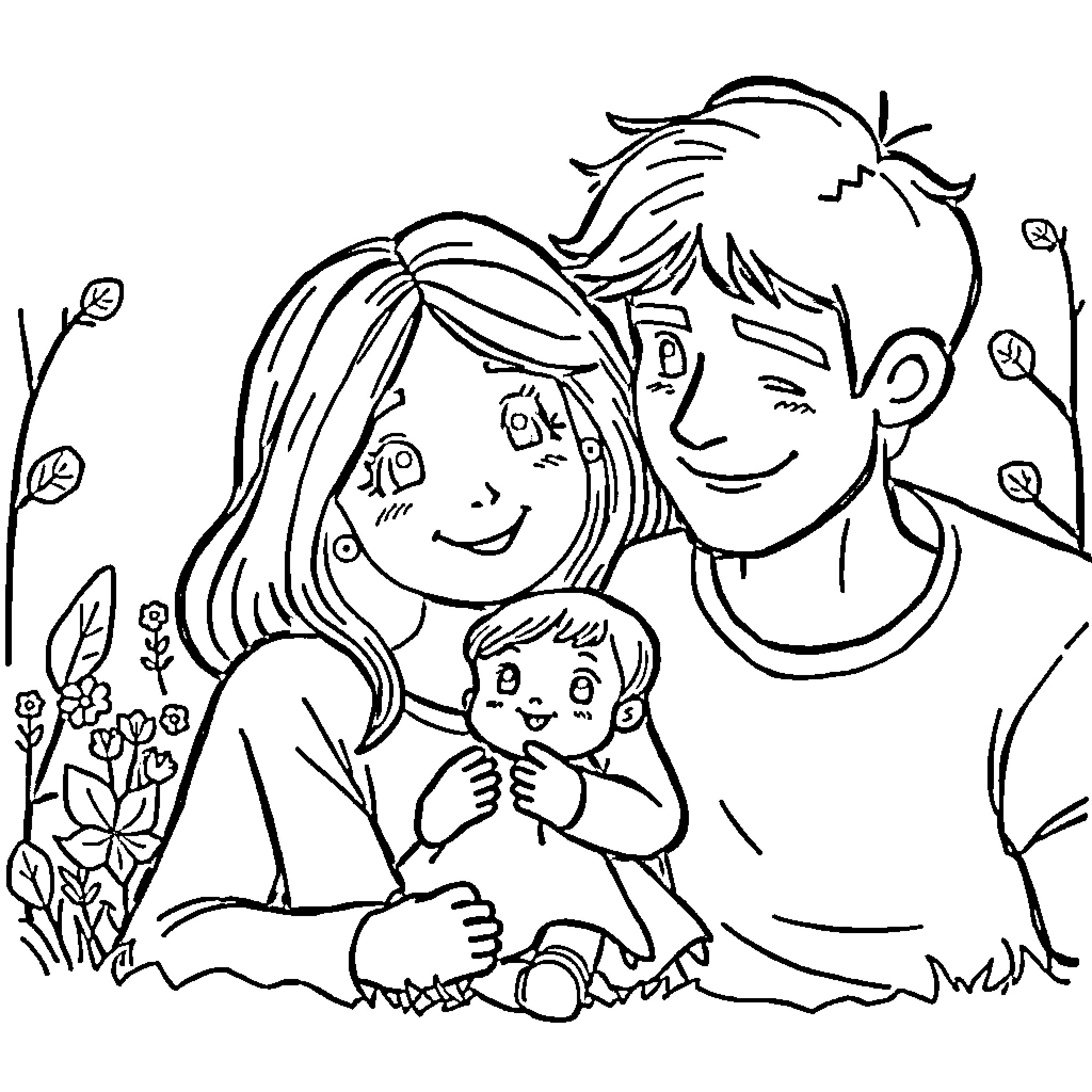 Family enjoying quality time together outdoors Coloring Page (free black-and-white line drawing printable PDF for all, from beginners to advanced learners, including children, teens, adults, and seniors)