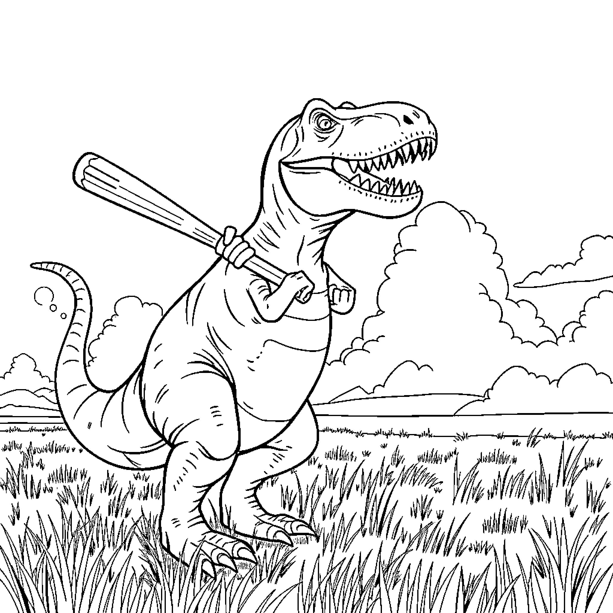T-Rex Wielding a Baseball Bat in a Grassy Field Coloring Page (free black-and-white line drawing printable PDF for all, from beginners to advanced learners, including children, teens, adults, and seniors)