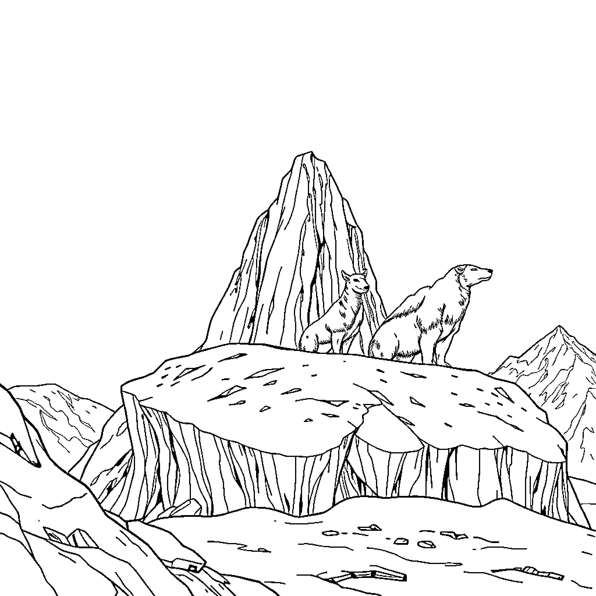 Wolf on rocky outcrop with mountains Coloring Page (free black-and-white line drawing printable PDF for all, from beginners to advanced learners, including children, teens, adults, and seniors)