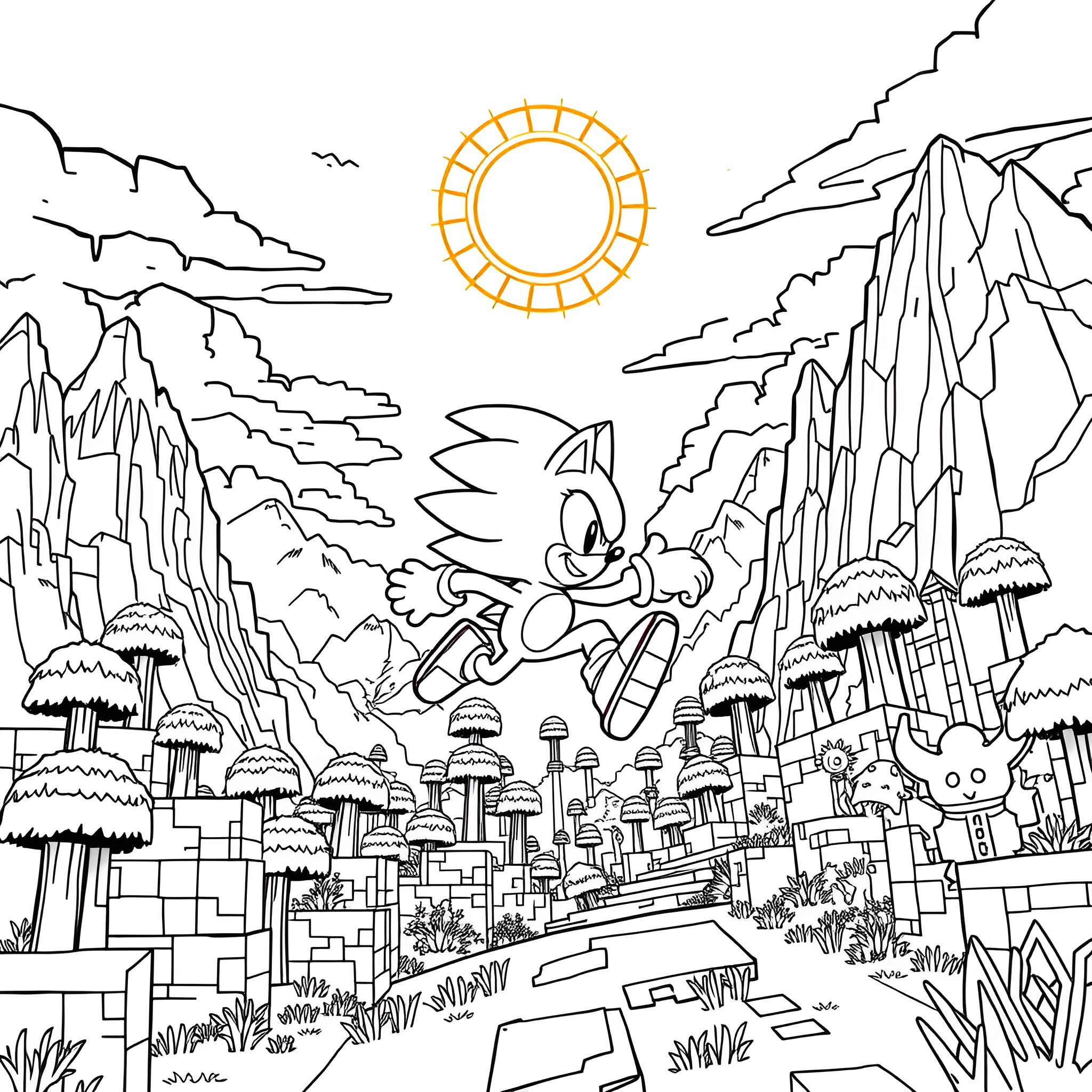 Sonic's Adventurous Journey through the Fantastical Landscape Coloring Page (free black-and-white line drawing printable PDF for all, from beginners to advanced learners, including children, teens, adults, and seniors)