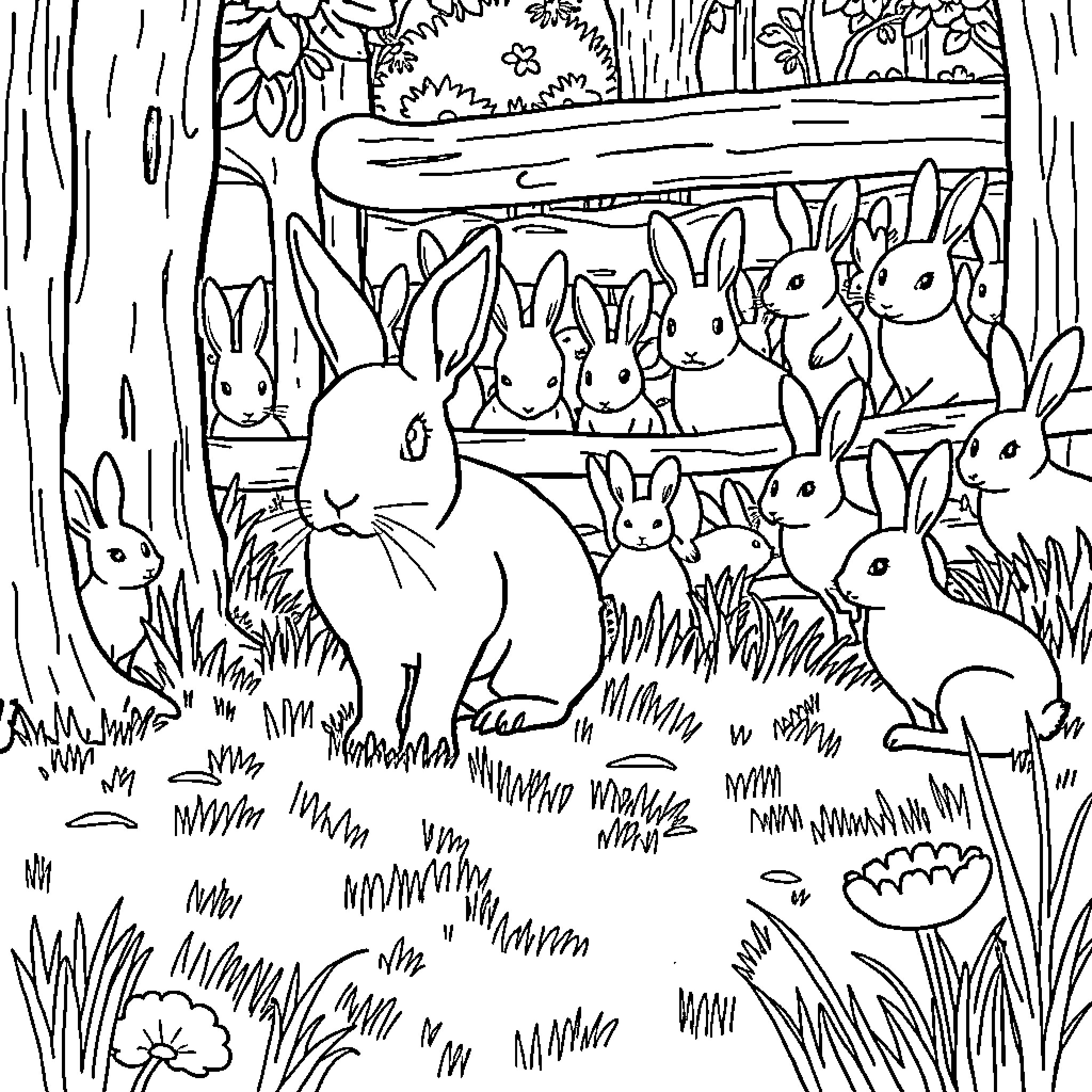 Rabbit colony in the woodland Coloring Page (free black-and-white line drawing printable PDF for all, from beginners to advanced learners, including children, teens, adults, and seniors)