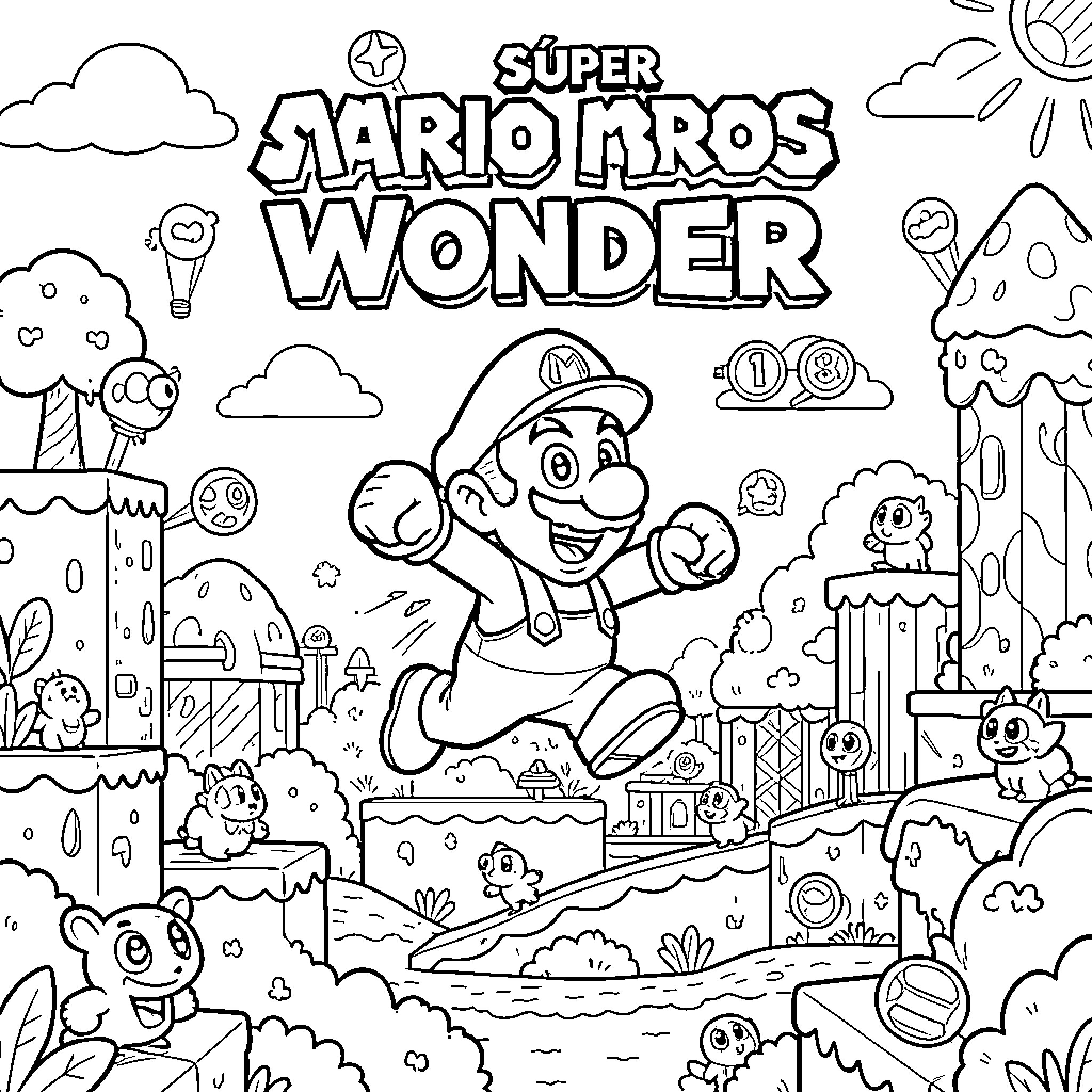 Super Mario Bros Wonder - Action-Packed Adventure Coloring Page (free black-and-white line drawing printable PDF for all, from beginners to advanced learners, including children, teens, adults, and seniors)