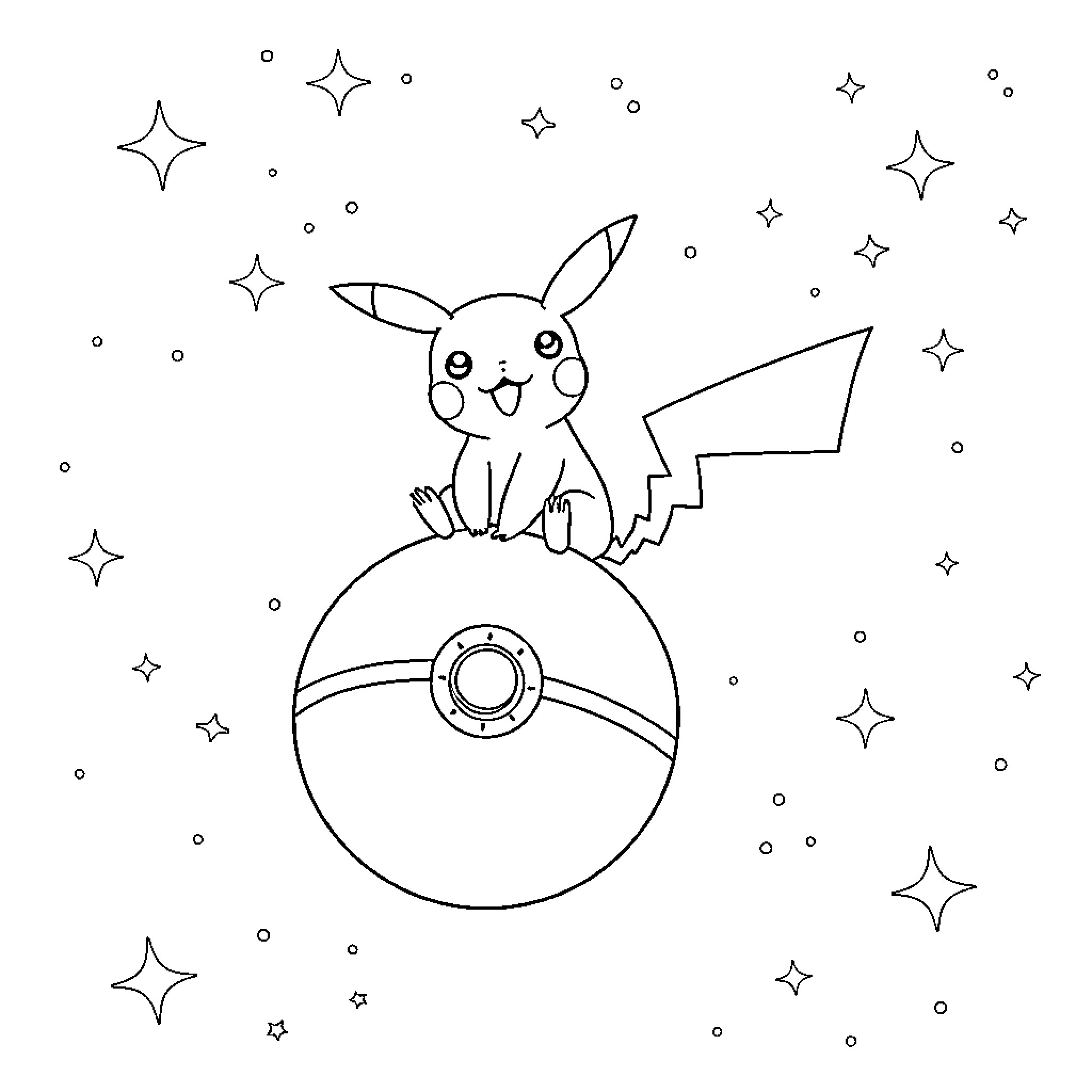Pikachu playing happily on a Pokéball in the stars Coloring Page (free black-and-white line drawing printable PDF for all, from beginners to advanced learners, including children, teens, adults, and seniors)