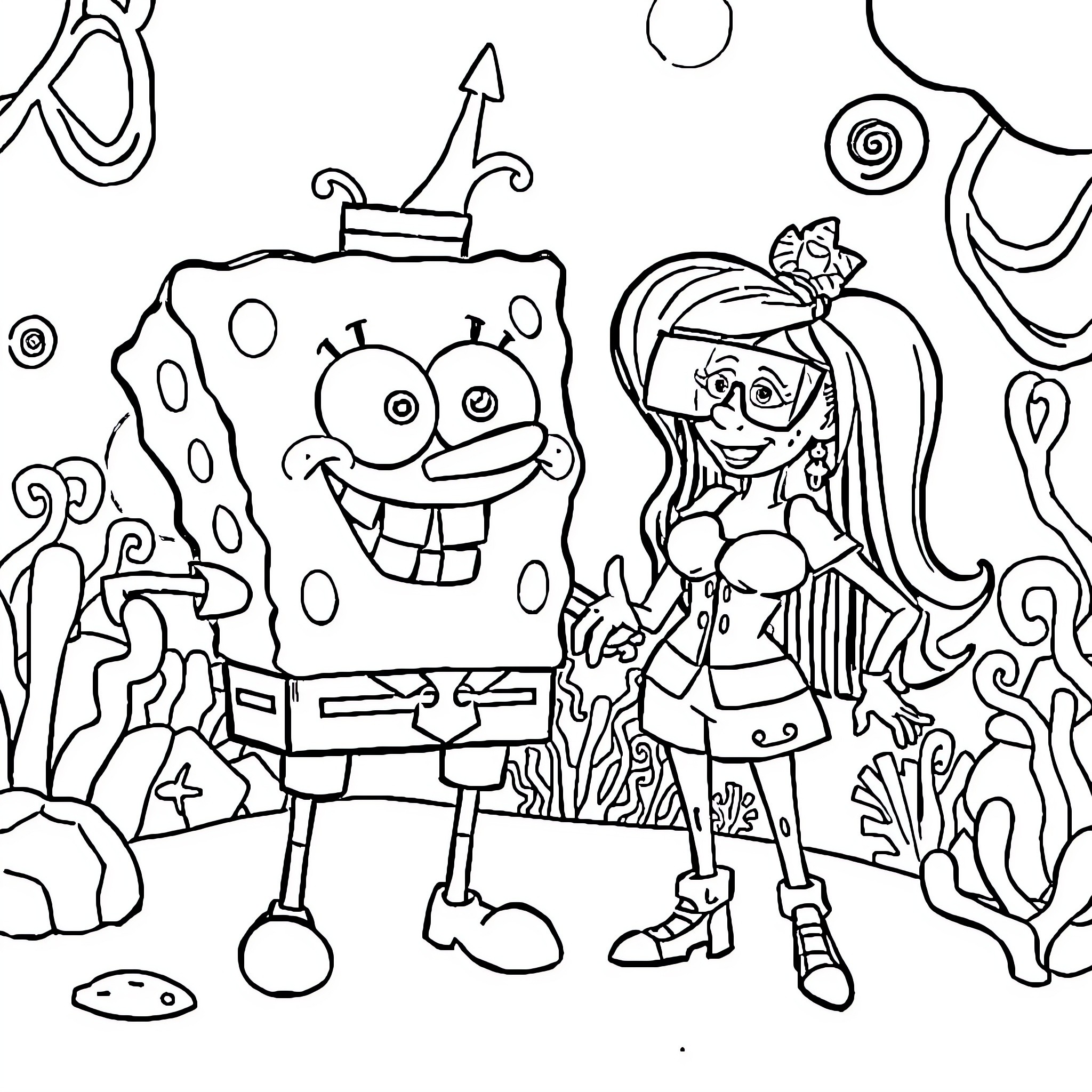 Plankton and friends in a whimsical underwater scene Coloring Page (free black-and-white line drawing printable PDF for all, from beginners to advanced learners, including children, teens, adults, and seniors)
