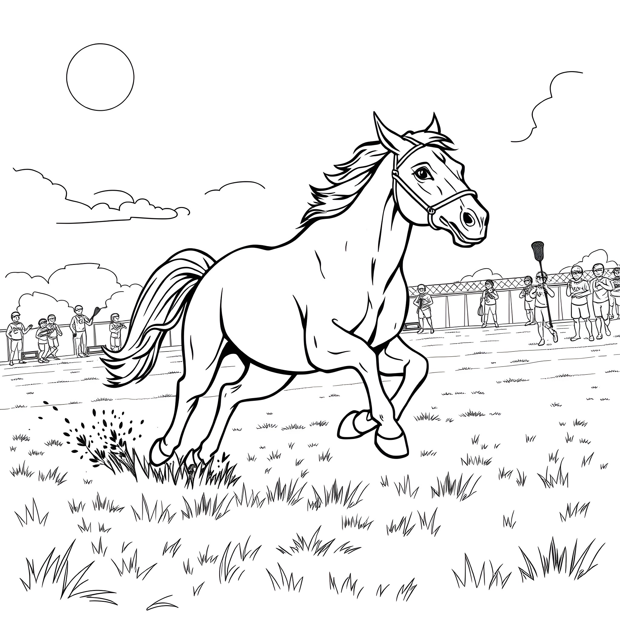 Mustang galloping freely in the field Coloring Page (free black-and-white line drawing printable PDF for all, from beginners to advanced learners, including children, teens, adults, and seniors)