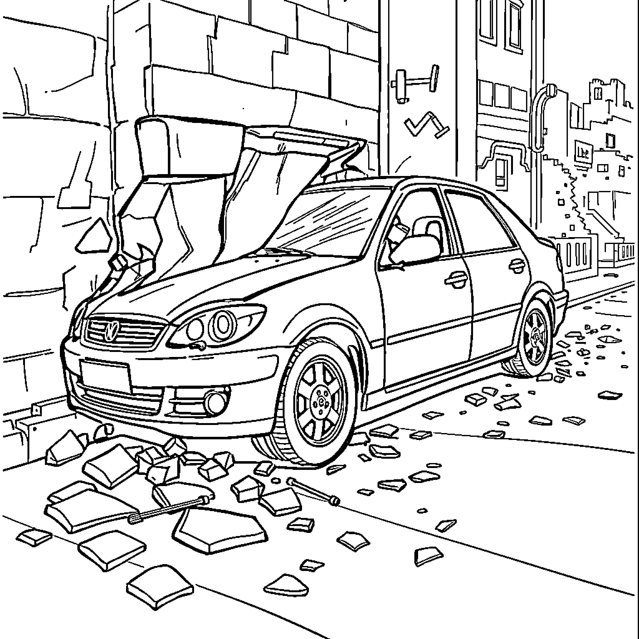 Car in Damaged Urban Scene Coloring Page (free black-and-white line drawing printable PDF for all, from beginners to advanced learners, including children, teens, adults, and seniors)
