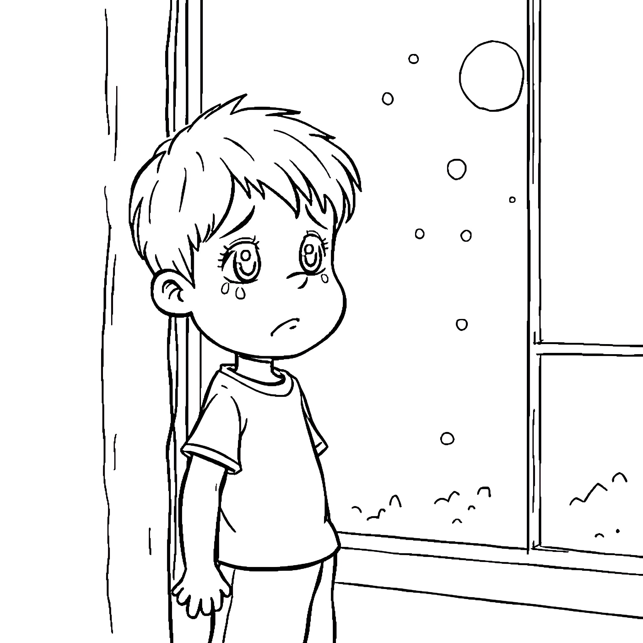 Kid Gazing at Falling Snowflakes Through Window Coloring Page (free black-and-white line drawing printable PDF for all, from beginners to advanced learners, including children, teens, adults, and seniors)