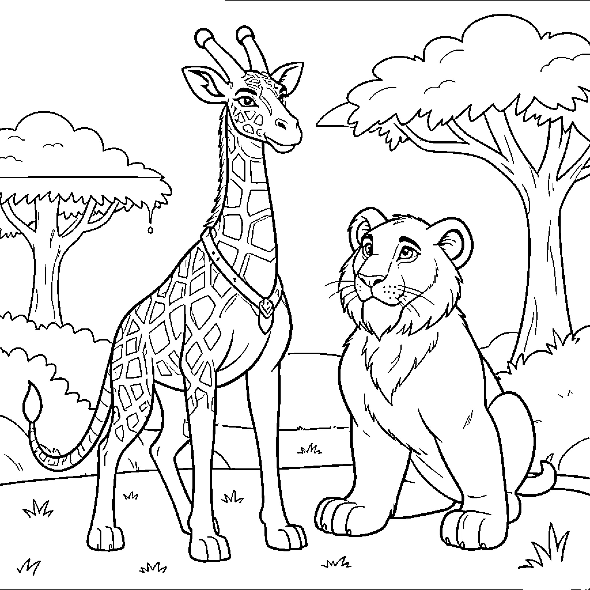Sarabi standing beside a young lion cub Coloring Page (free black-and-white line drawing printable PDF for all, from beginners to advanced learners, including children, teens, adults, and seniors)