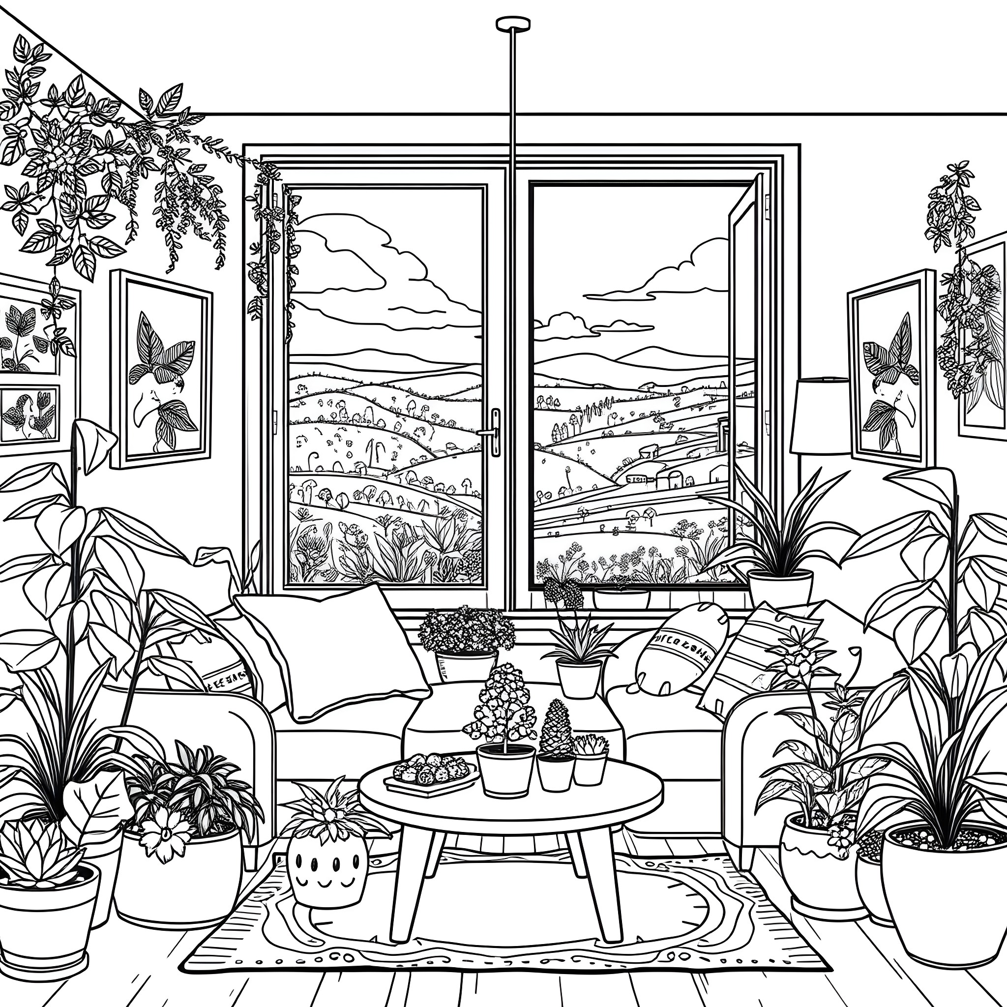 Plant life in a cozy indoor scene Coloring Page (free black-and-white line drawing printable PDF for all, from beginners to advanced learners, including children, teens, adults, and seniors)