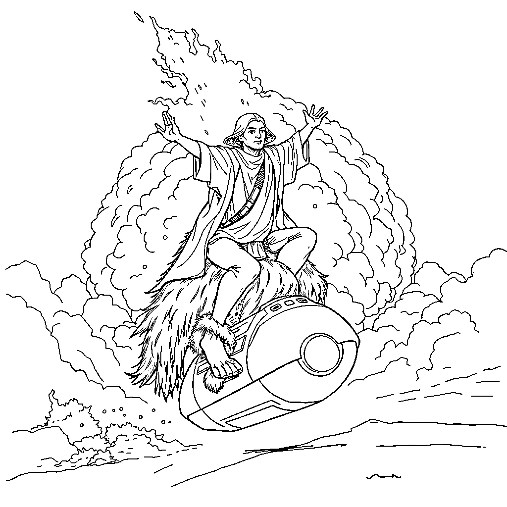 Yoga poses in the clouds on a flying machine Coloring Page (free black-and-white line drawing printable PDF for all, from beginners to advanced learners, including children, teens, adults, and seniors)