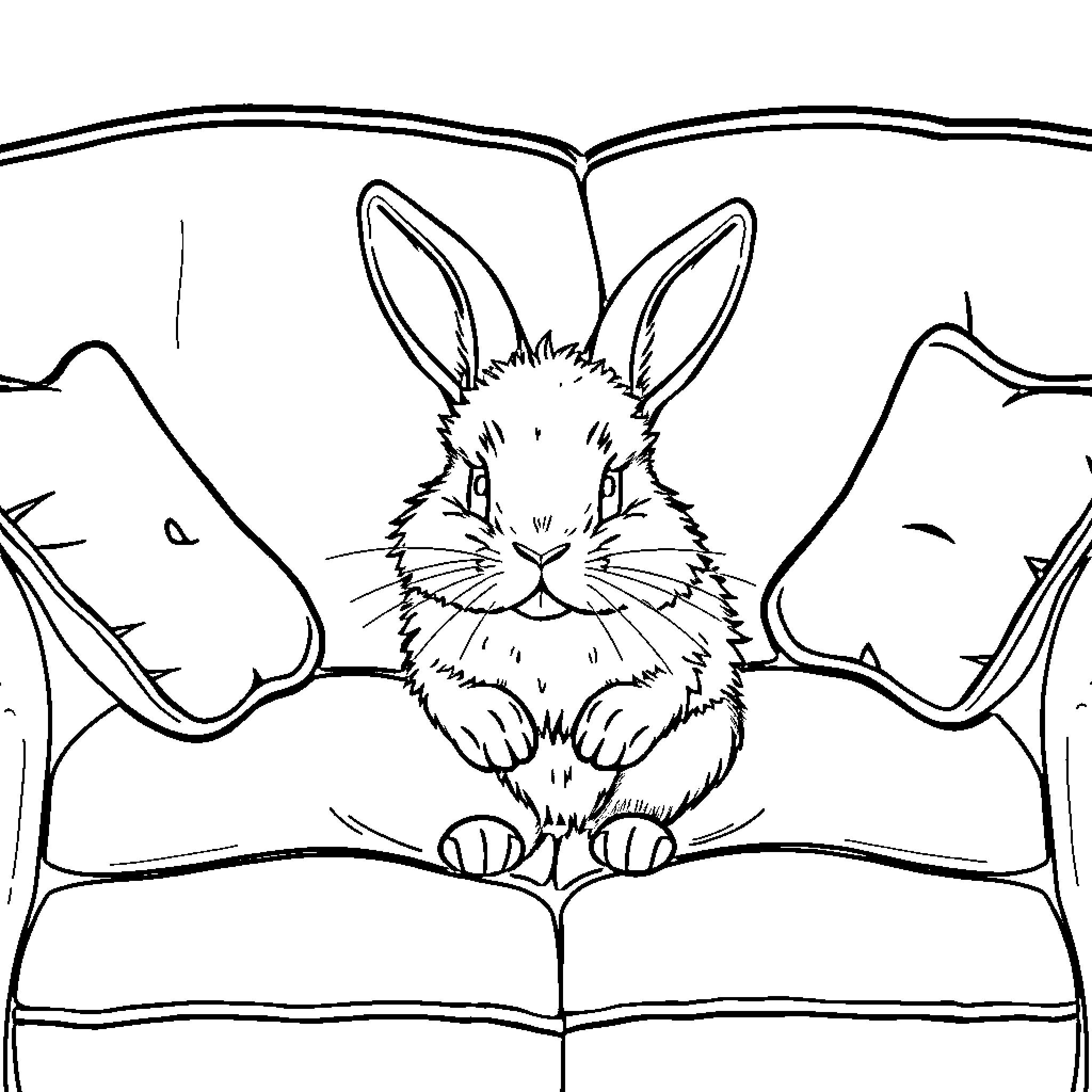 Rabbit reading book in cozy den Coloring Page (free black-and-white line drawing printable PDF for all, from beginners to advanced learners, including children, teens, adults, and seniors)