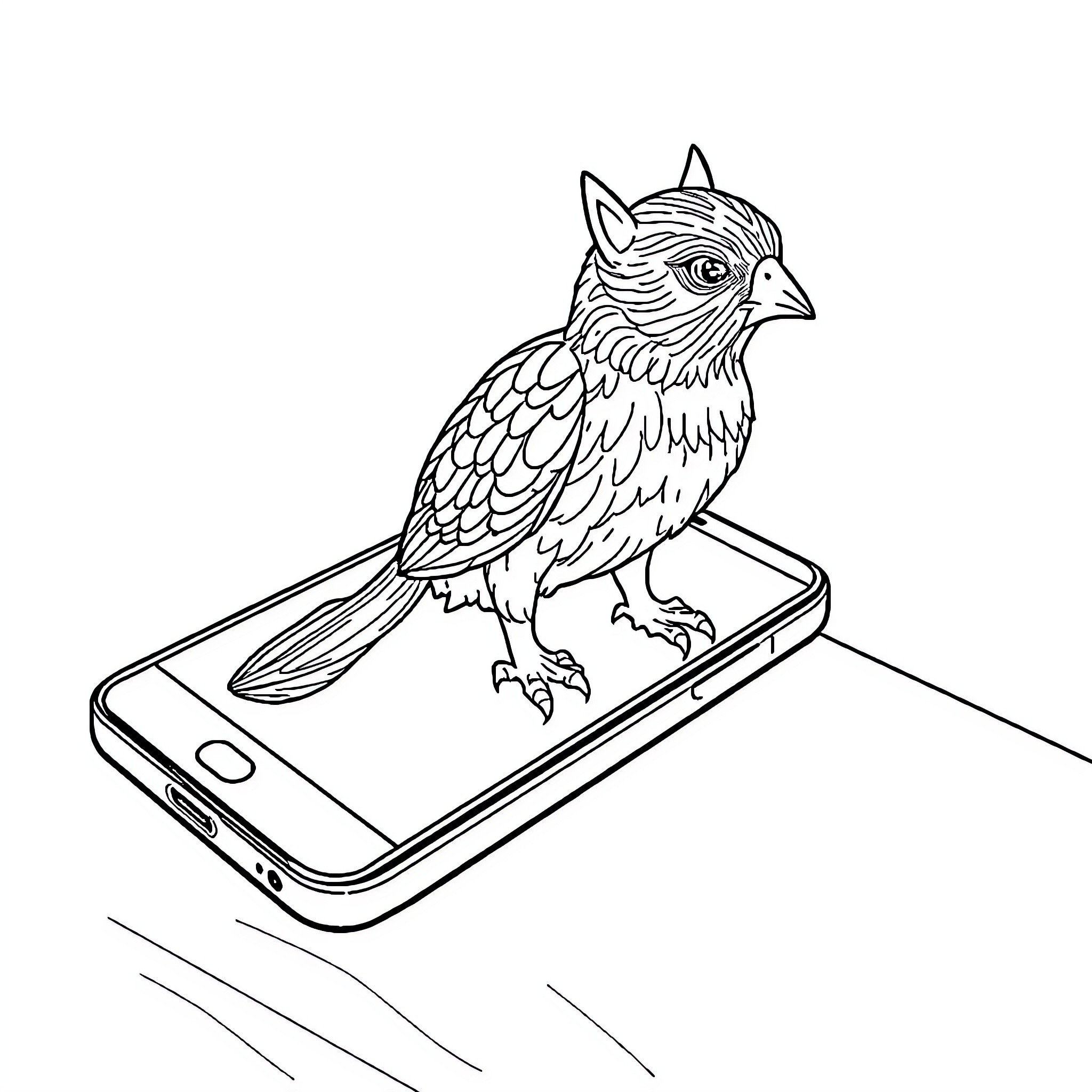 Parrot perching on a smartphone Coloring Page (free black-and-white line drawing printable PDF for all, from beginners to advanced learners, including children, teens, adults, and seniors)