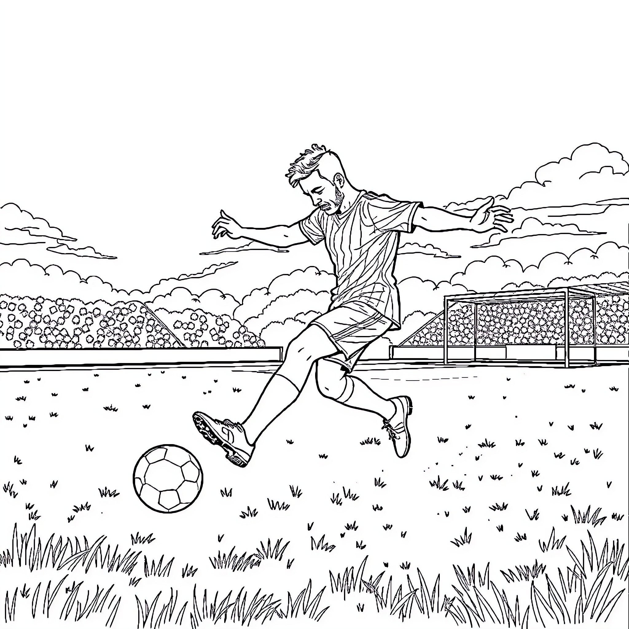 Spider-Man kicks soccer ball on sports field Coloring Page (free black-and-white line drawing printable PDF for all, from beginners to advanced learners, including children, teens, adults, and seniors)