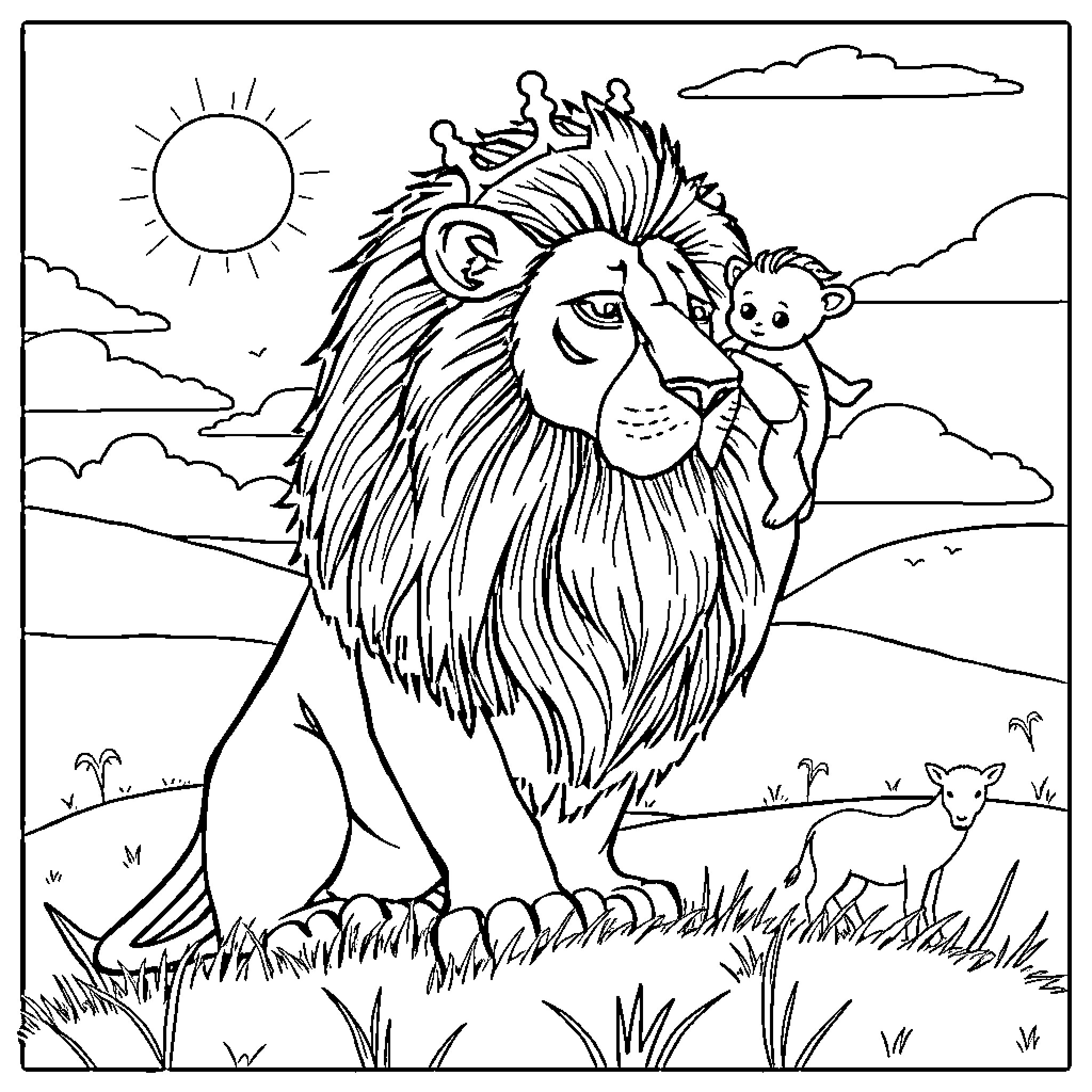 Lion proudly guarding its young in the wild Coloring Page (free black-and-white line drawing printable PDF for all, from beginners to advanced learners, including children, teens, adults, and seniors)