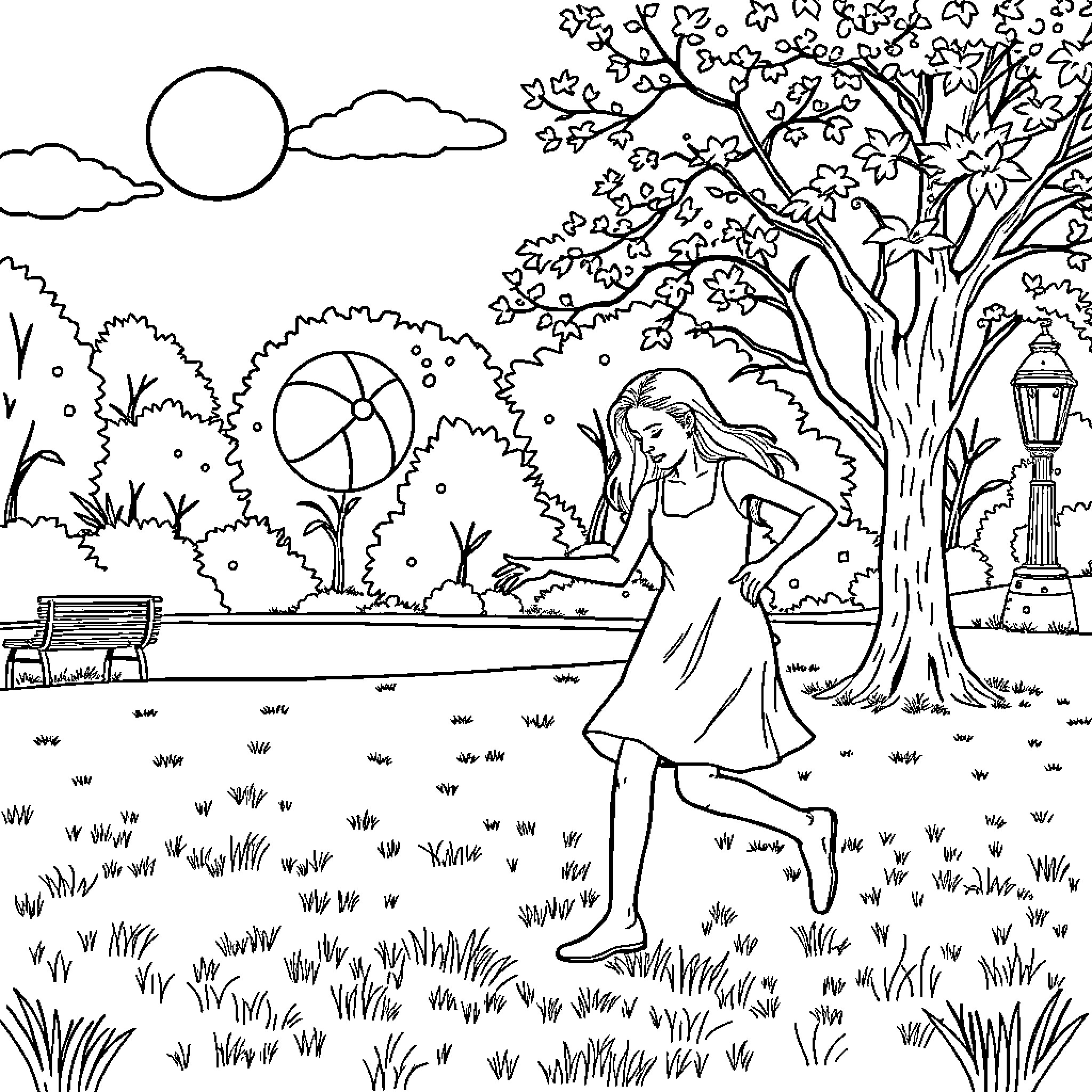 Ladybug playing in the park on a sunny day Coloring Page (free black-and-white line drawing printable PDF for all, from beginners to advanced learners, including children, teens, adults, and seniors)