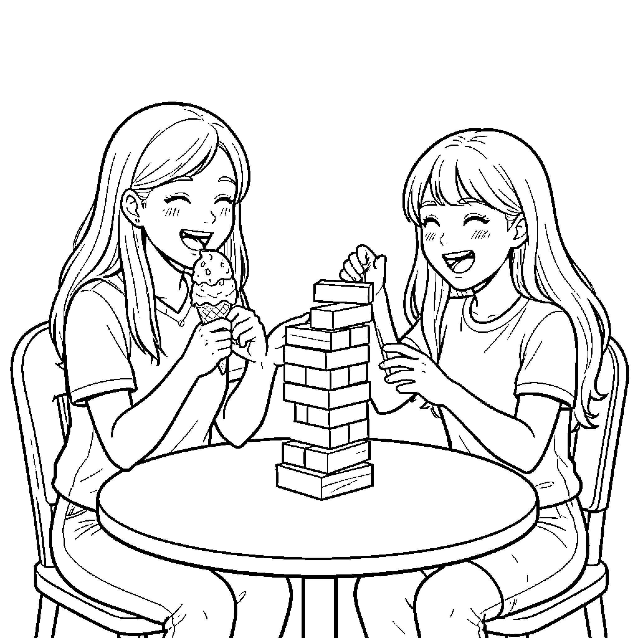 Katseye Girls Enjoying Ice Cream and Building Blocks Coloring Page (free black-and-white line drawing printable PDF for all, from beginners to advanced learners, including children, teens, adults, and seniors)