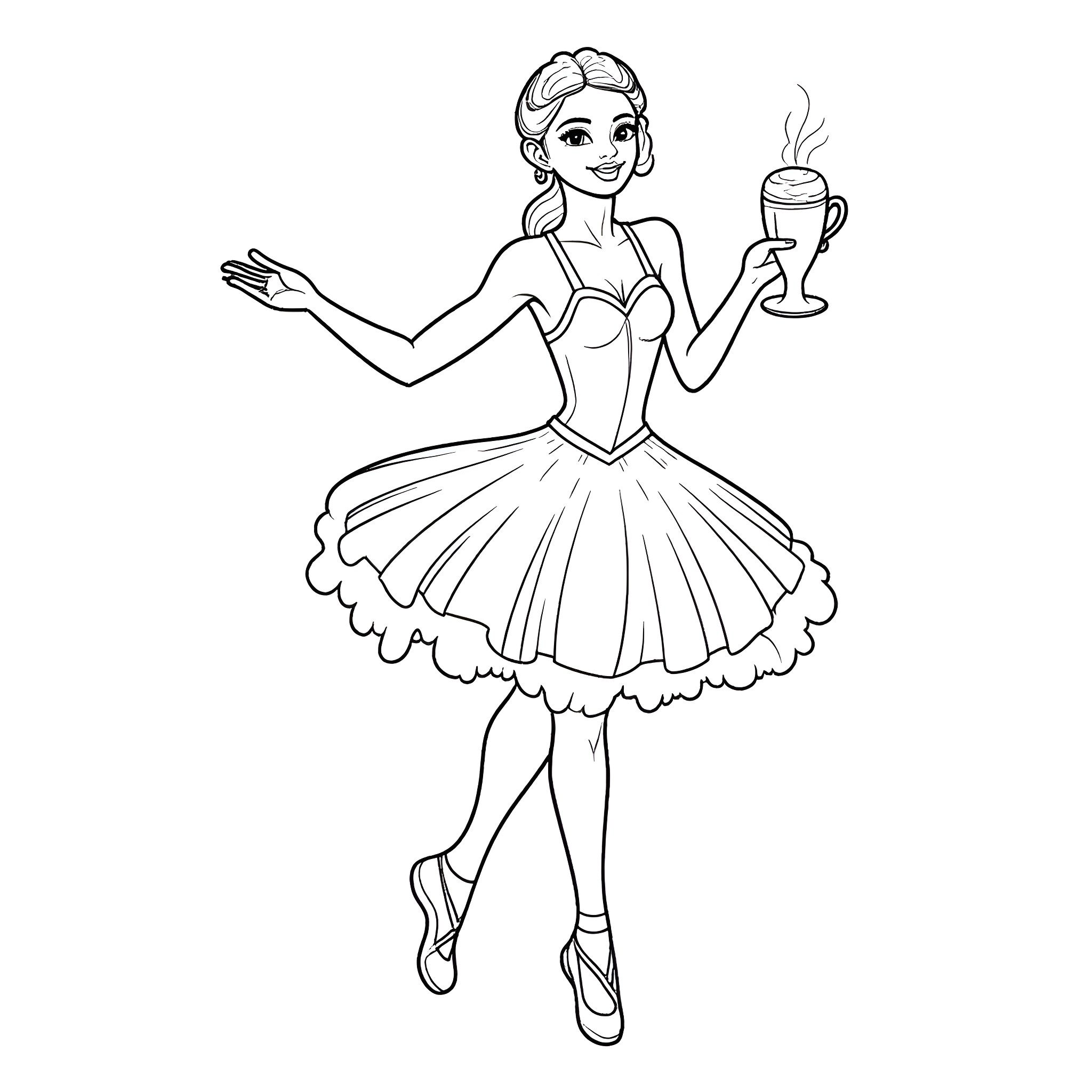 Ballerina performs with grace and elegance Coloring Page (free black-and-white line drawing printable PDF for all, from beginners to advanced learners, including children, teens, adults, and seniors)