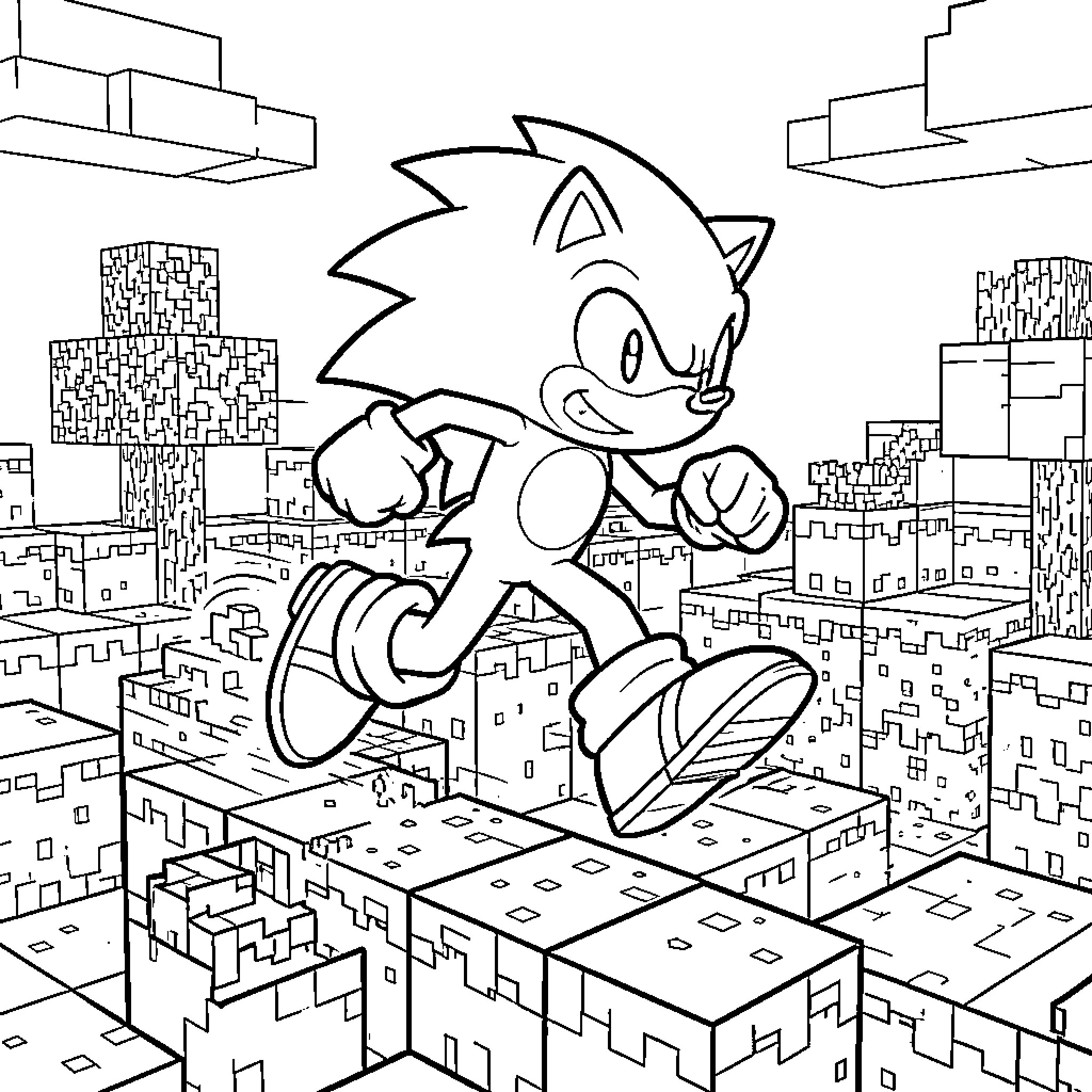Sonic running energetically through a blocky landscape Coloring Page (free black-and-white line drawing printable PDF for all, from beginners to advanced learners, including children, teens, adults, and seniors)