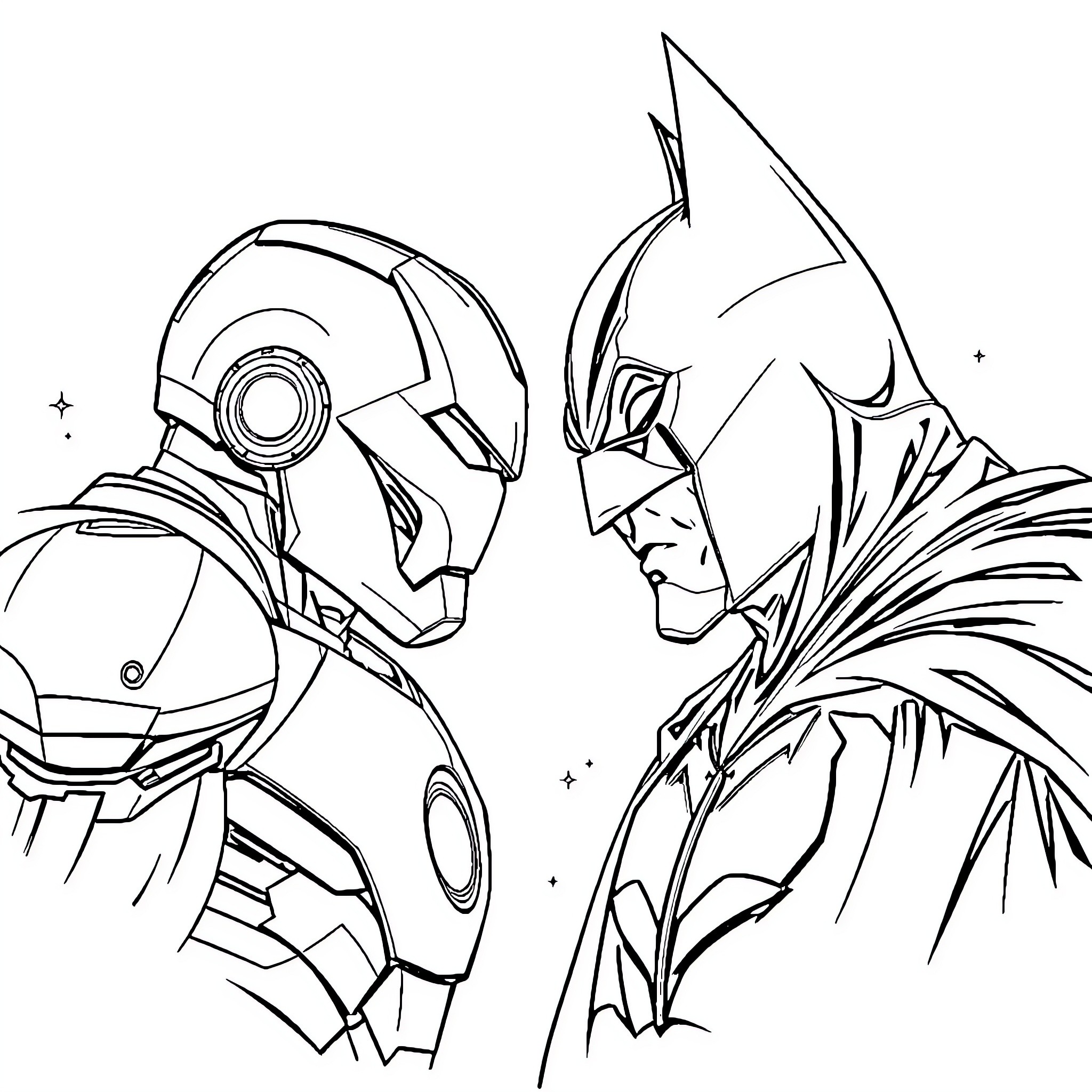 Iron Man facing off against Batman in epic showdown Coloring Page (free black-and-white line drawing printable PDF for all, from beginners to advanced learners, including children, teens, adults, and seniors)