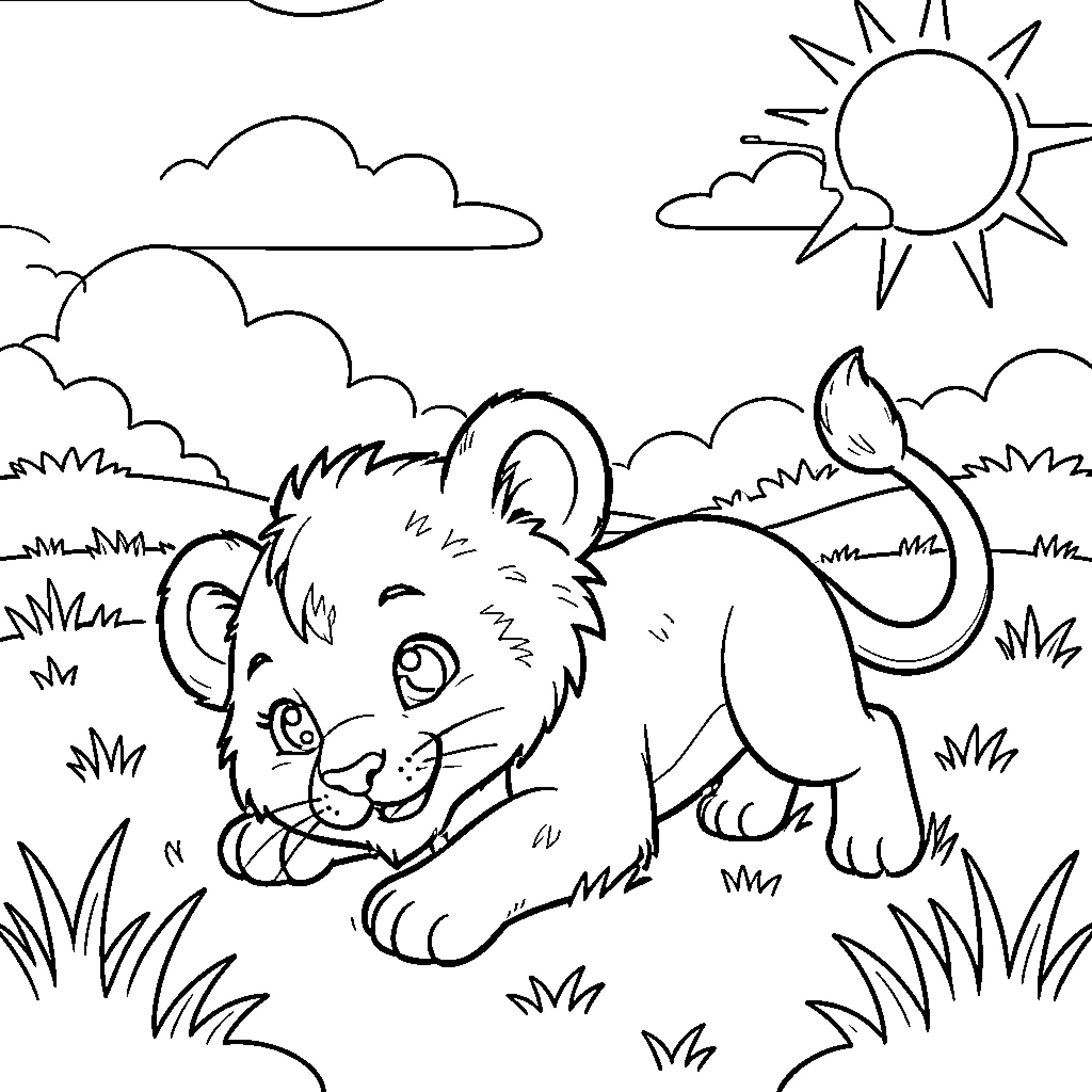 Lion Cub exploring the sunny outdoors Coloring Page (free black-and-white line drawing printable PDF for all, from beginners to advanced learners, including children, teens, adults, and seniors)