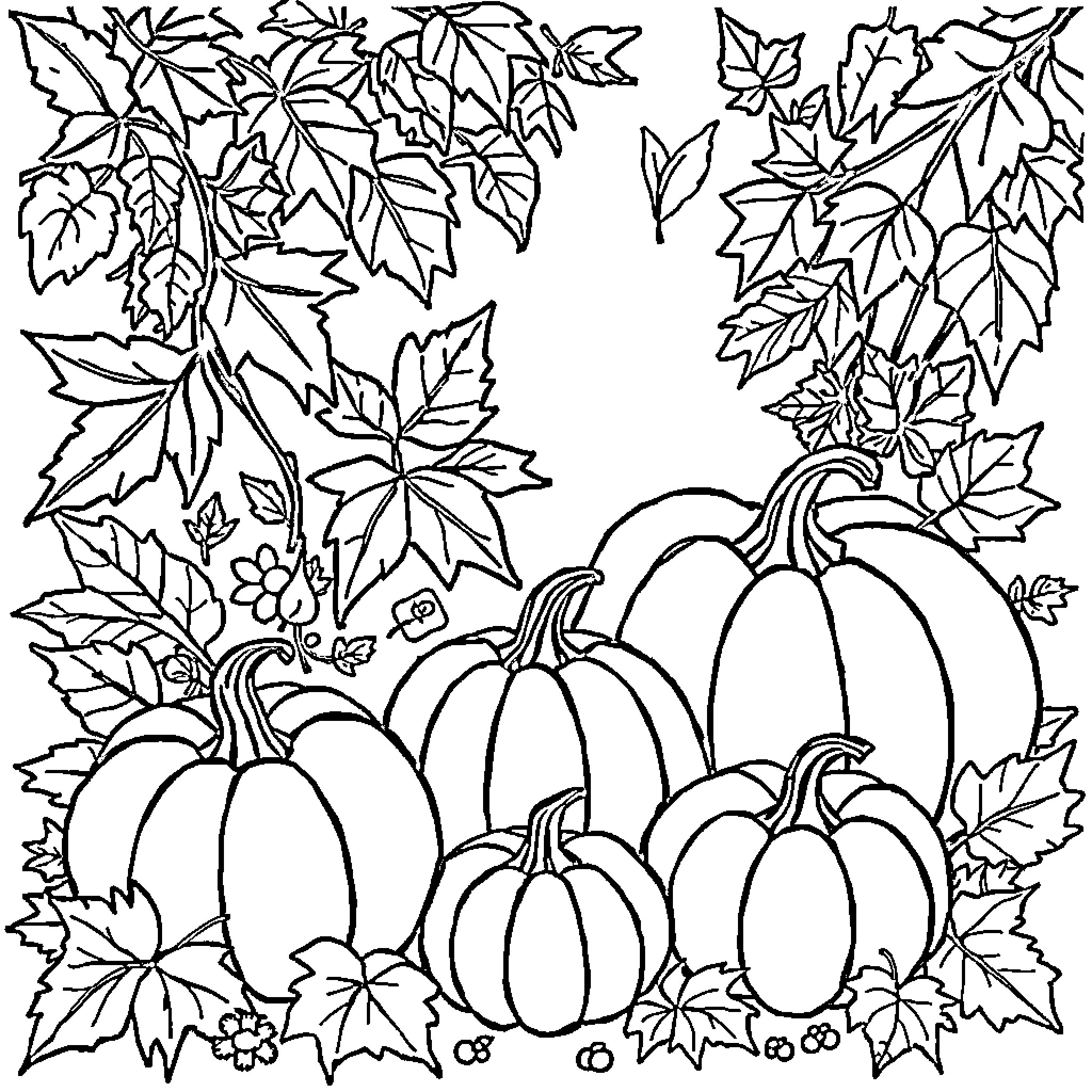 Thanksgiving Pumpkin and Fall Foliage Scene Coloring Page (free black-and-white line drawing printable PDF for all, from beginners to advanced learners, including children, teens, adults, and seniors)