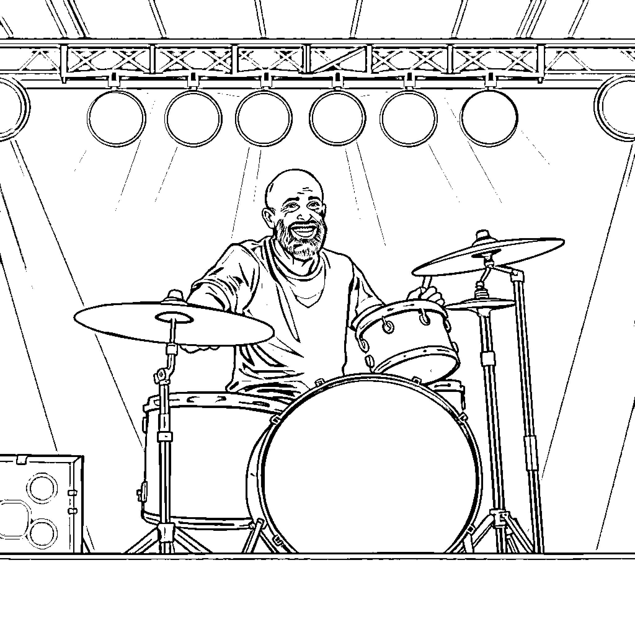 Man playing drums passionately on stage Coloring Page (free black-and-white line drawing printable PDF for all, from beginners to advanced learners, including children, teens, adults, and seniors)